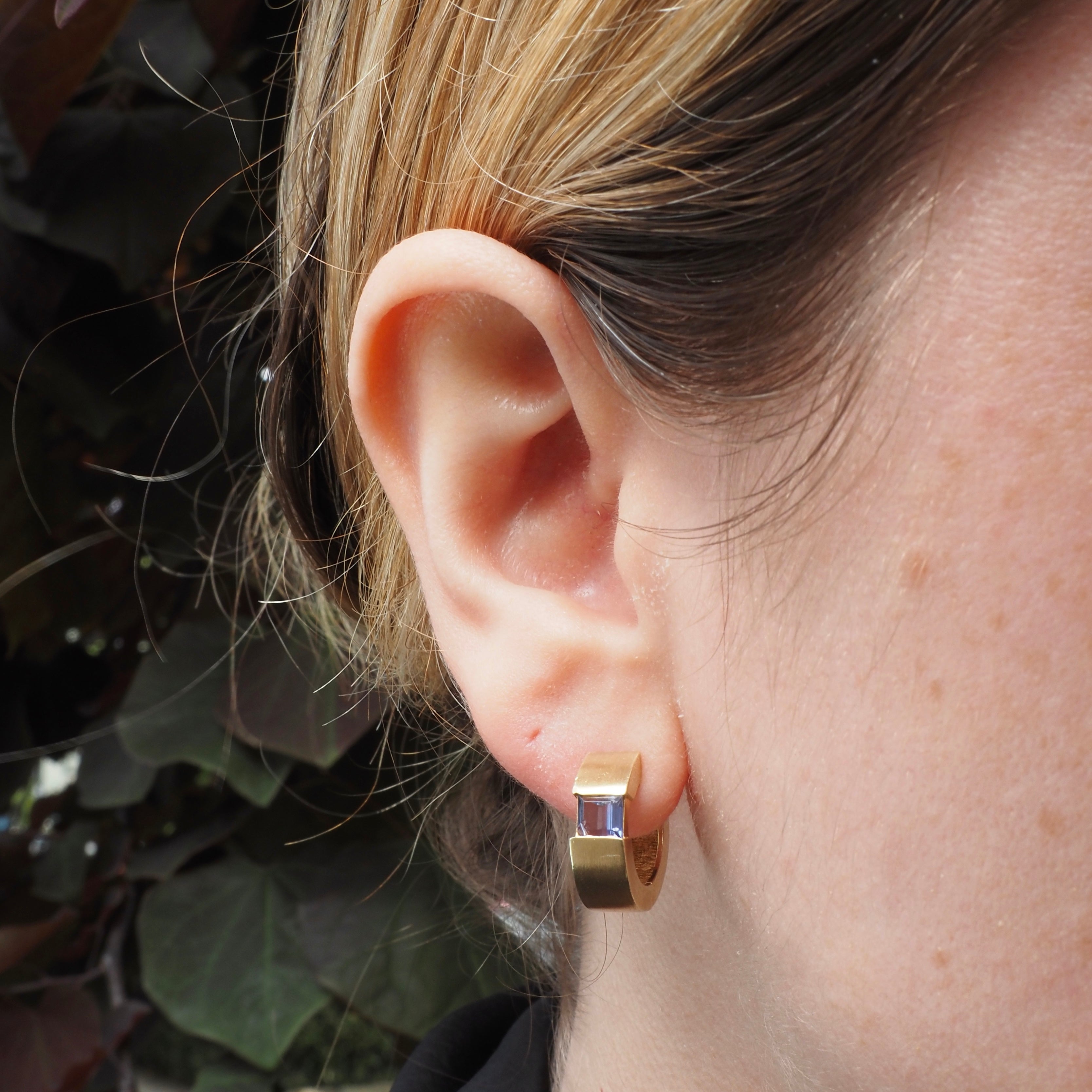 Iolite 14k Gold Brushed Hinged Huggie Hoops