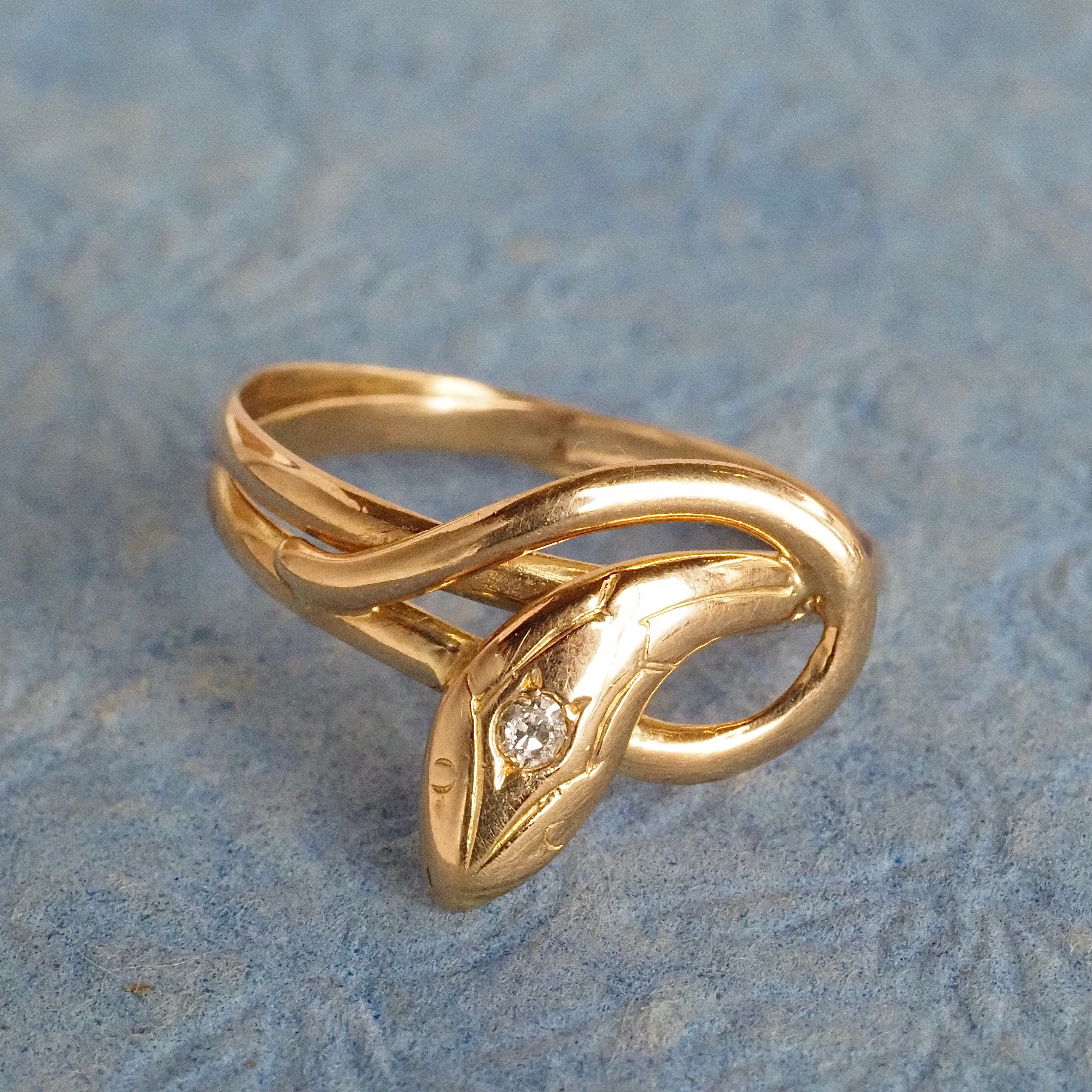Mid-Century French Snake Old European Cut Diamond 18k Gold Ring