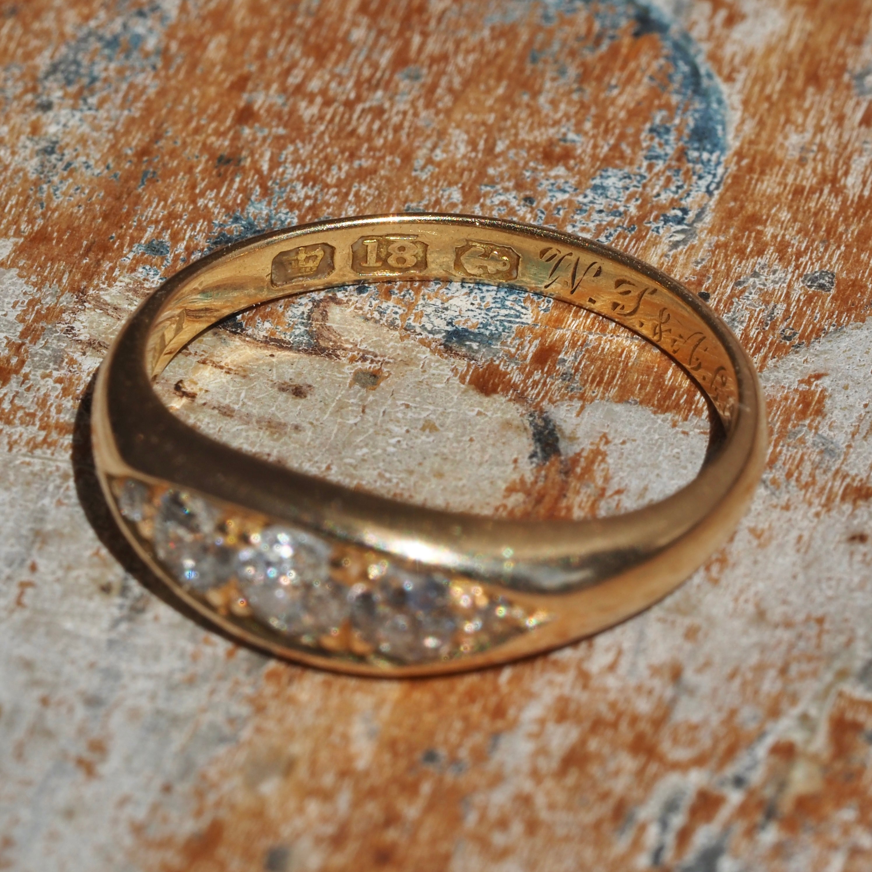 Antique English c. 1902 Old Mine Cut Diamond Five Stone 18k Gold Boat Engagement Ring