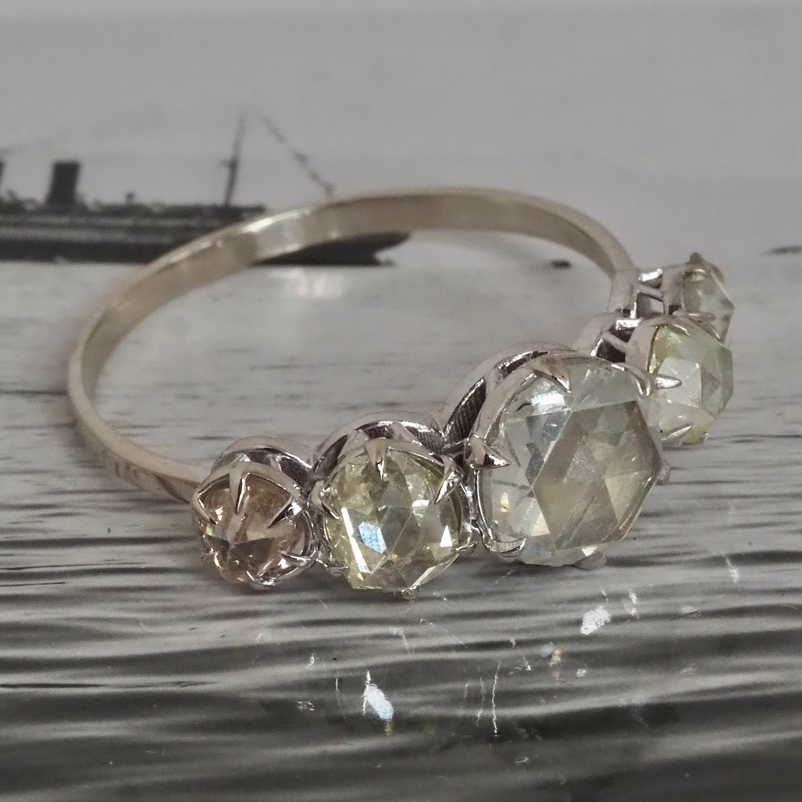 Rose Cut Diamond Five Stone 14k White Gold Engagement Ring