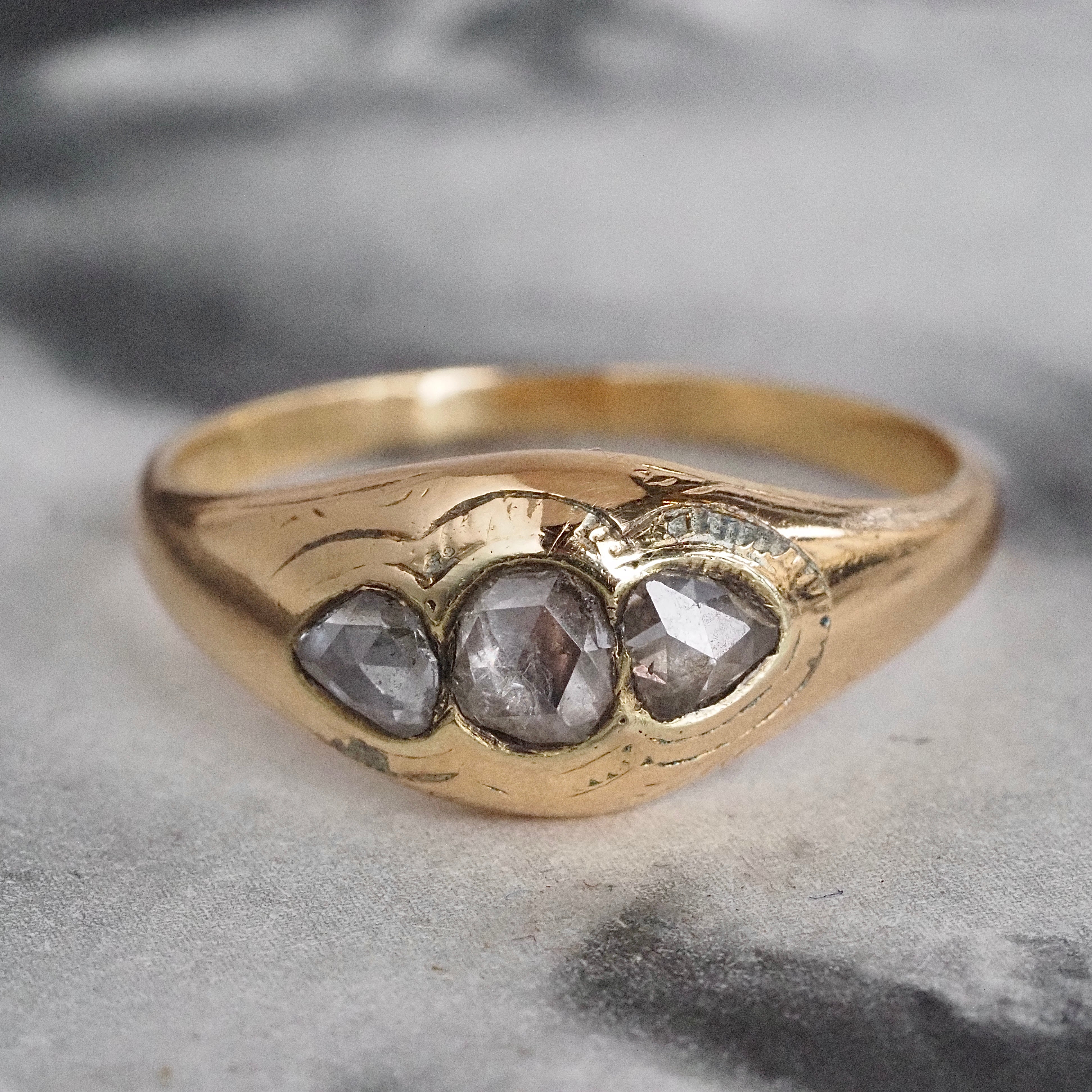 Antique French Rose Cut Diamond Trilogy 18k Gold Ring