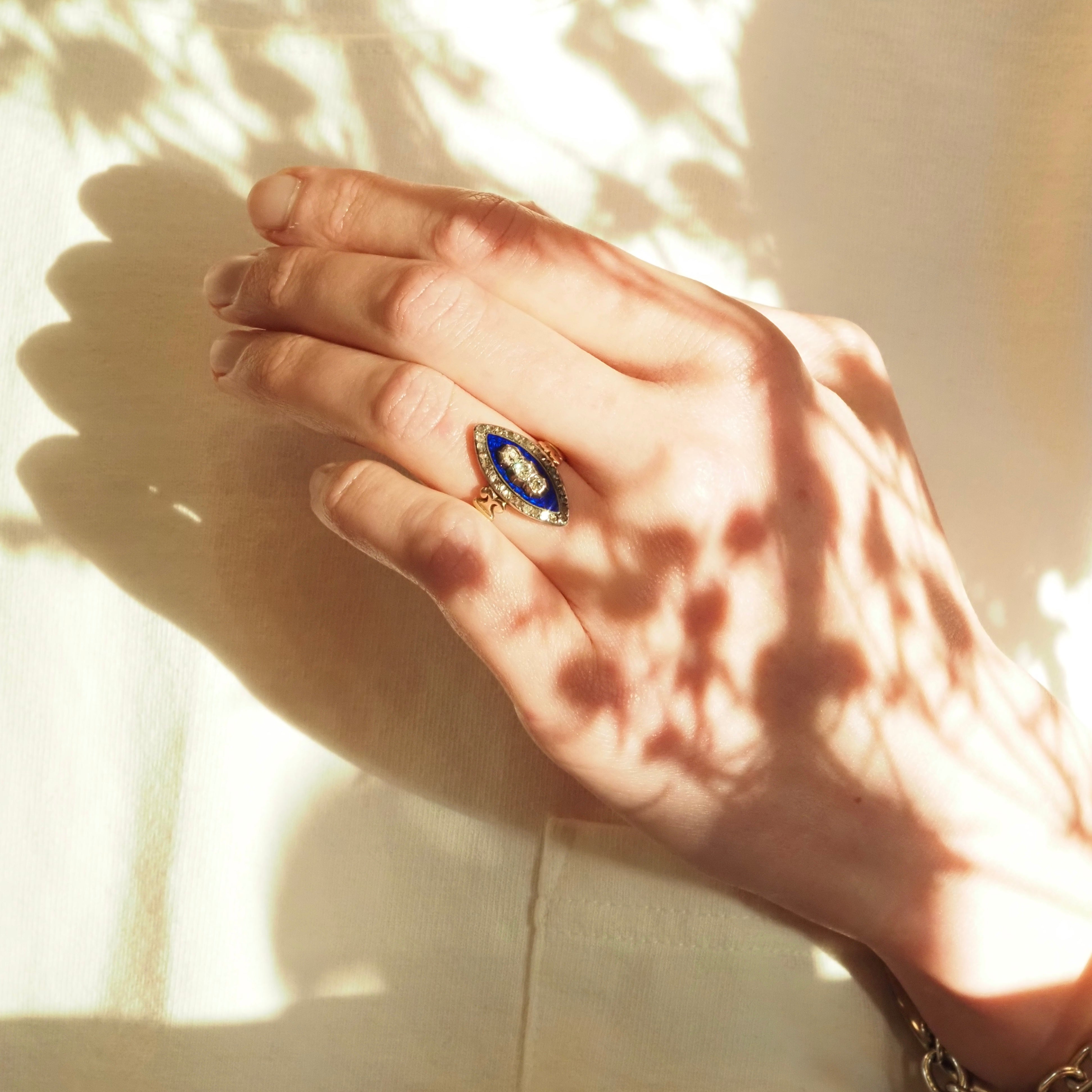 Antique Georgian "Bague au Firmament" Ring of the Heavens Rose Cut Diamond Midnight Enamel 15k Gold & Silver Navette Ring