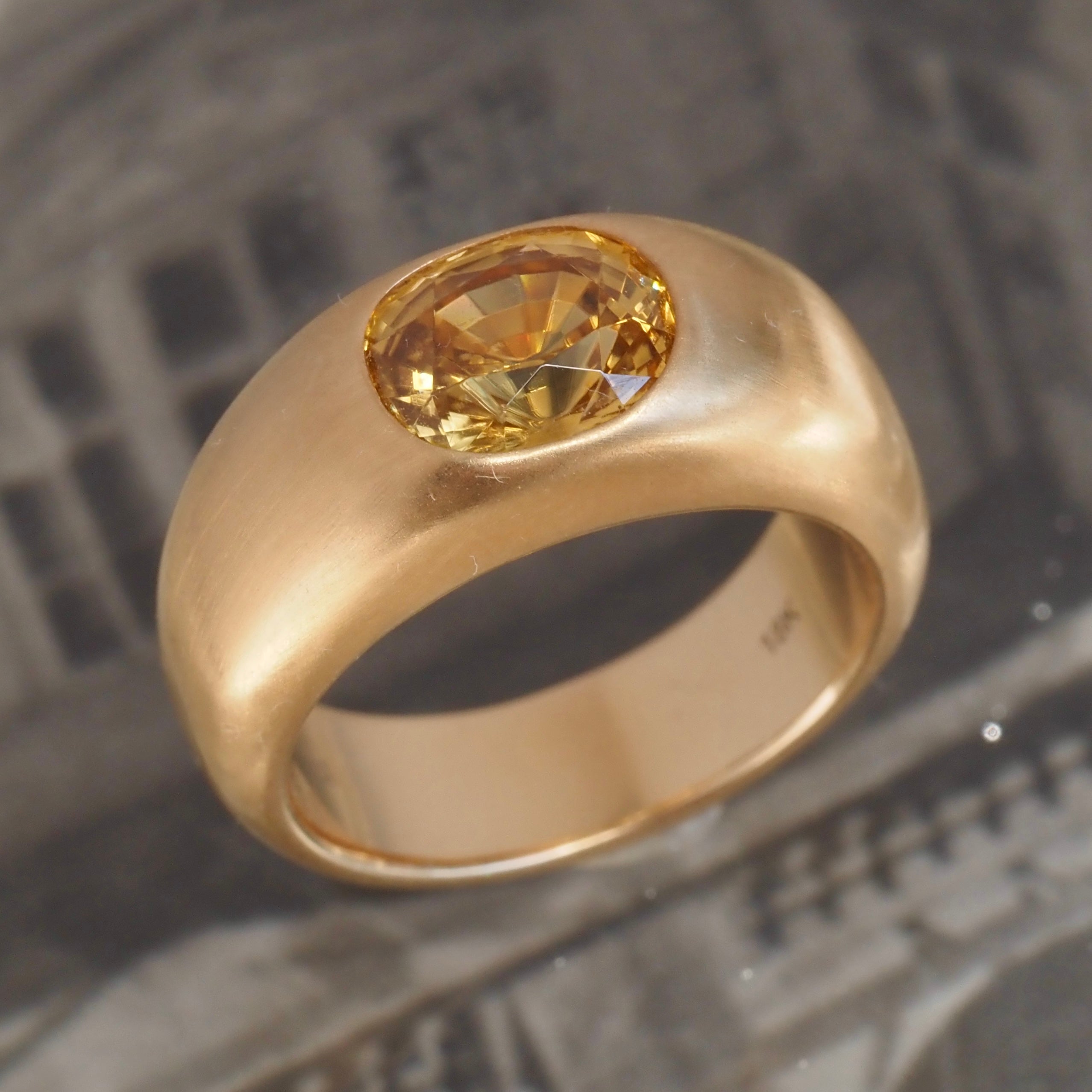 Natural Yellow Zircon Flush Set Brushed 18k Gold Dome Ring