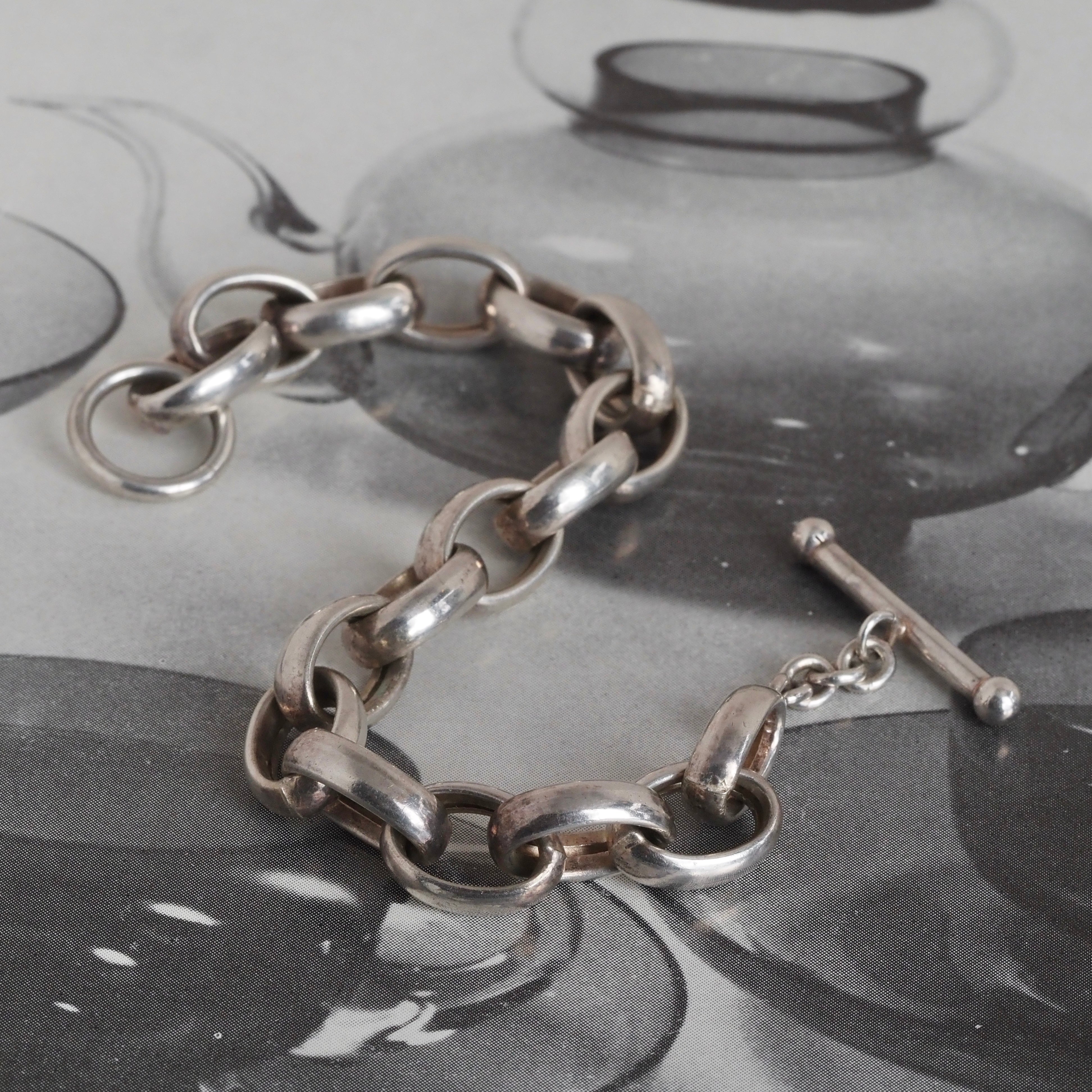 Vintage Italian Sterling Silver Puffed Cable Link Toggle Bracelet
