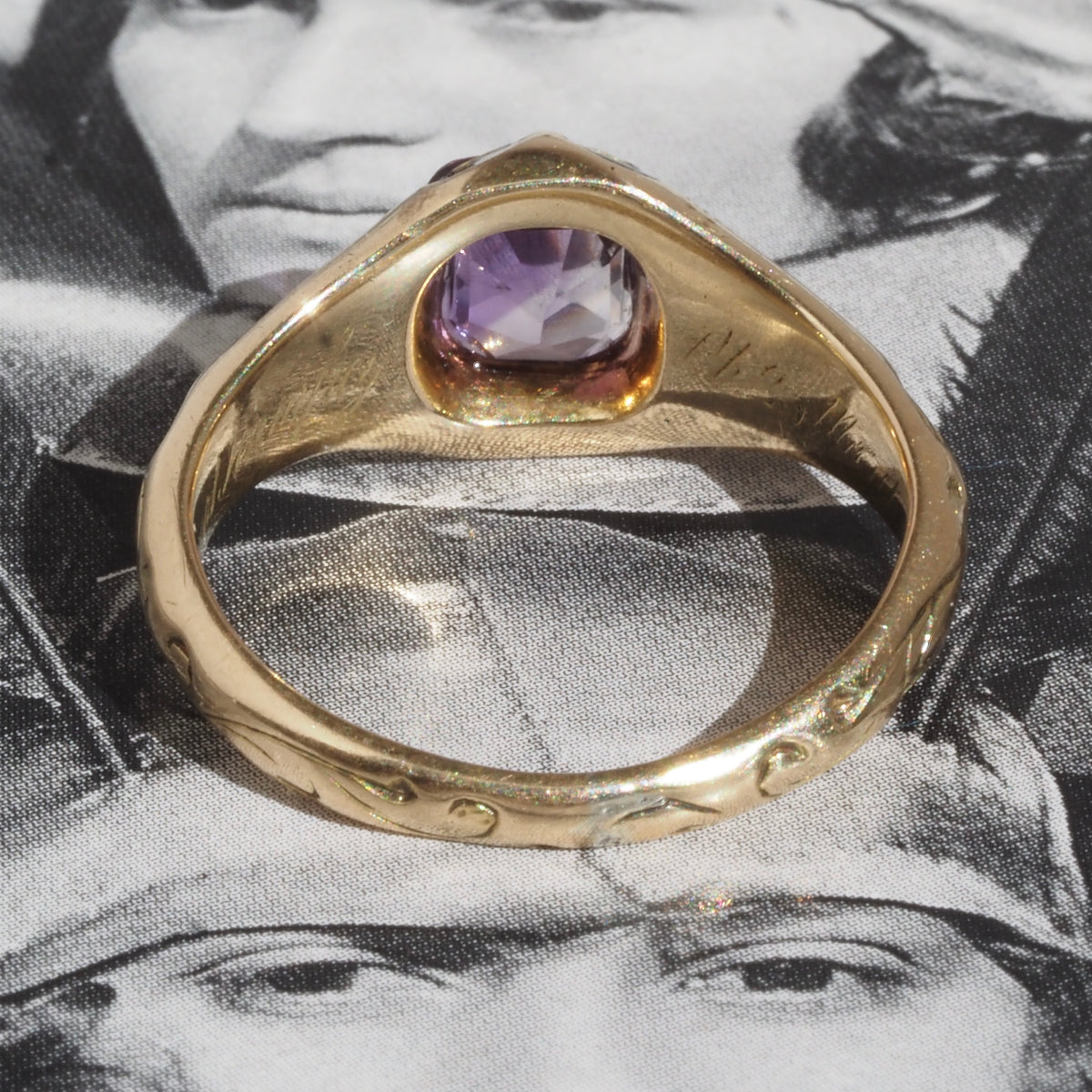 Antique c. 1844-45 Victorian English Amethyst and Black Enamel 14k Gold Ring