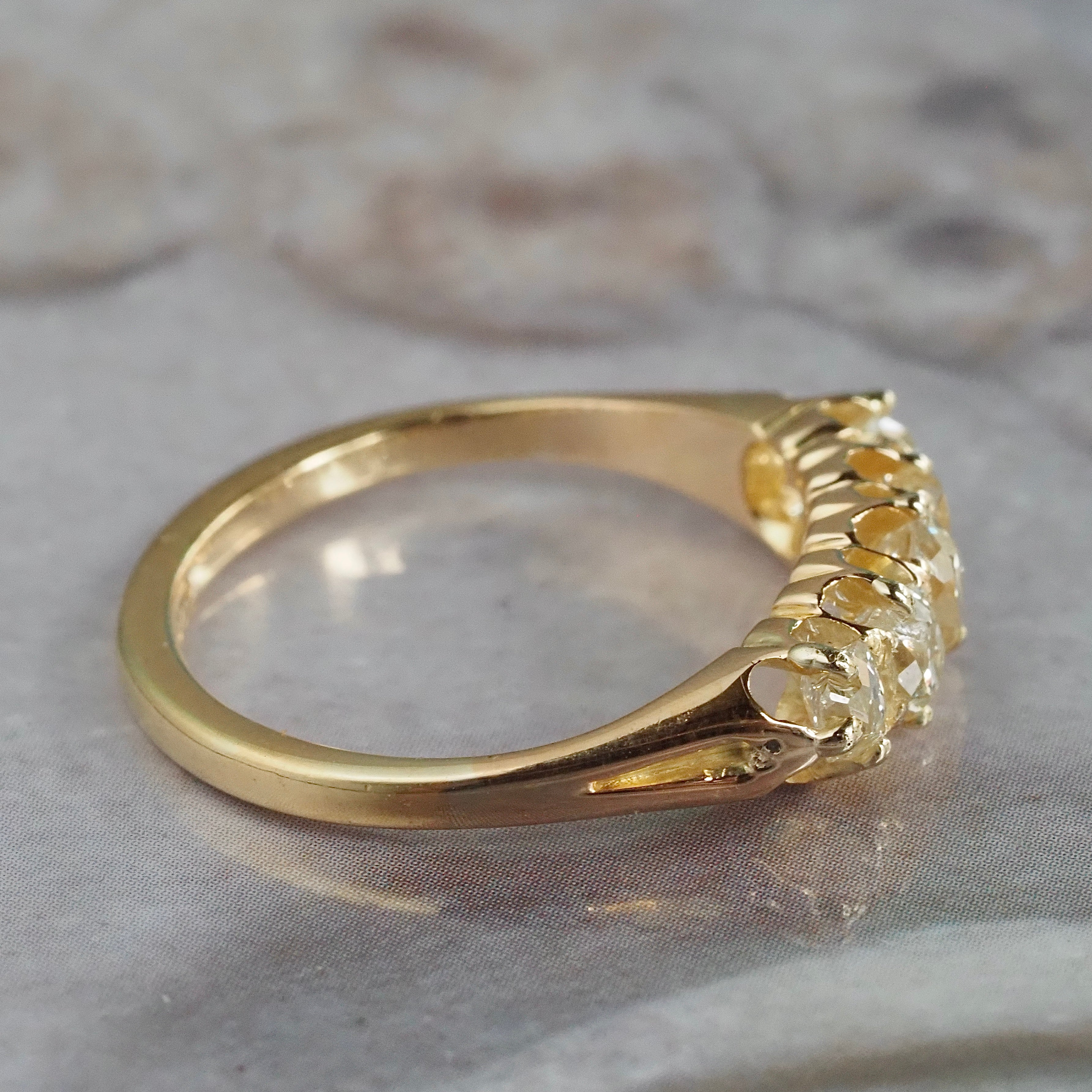 Antique English Five Stone Old Mine Cut Diamond 18k Gold Ring