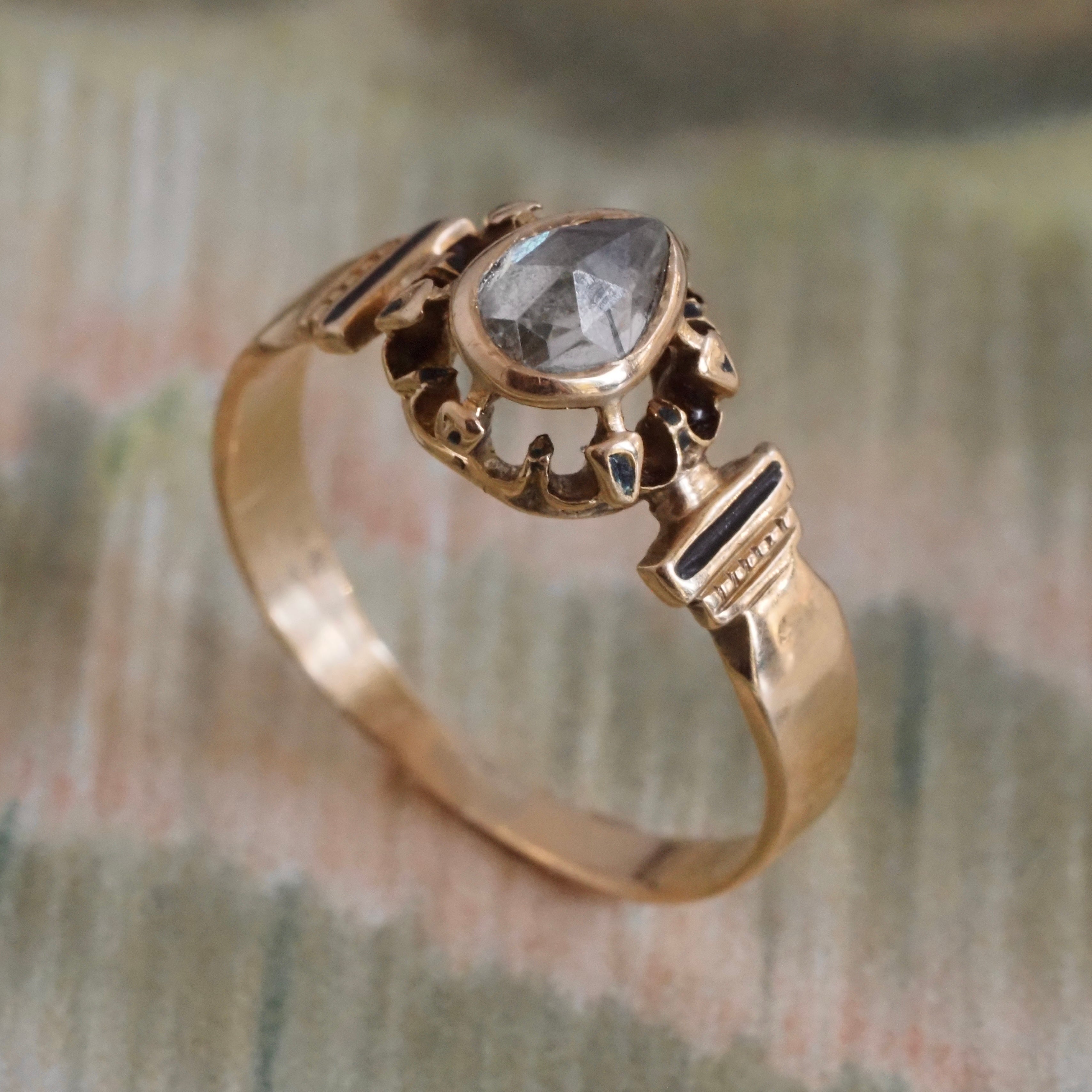 Antique Victorian Foil Backed Pear Rose Cut Diamond Black Enamel 14k Gold Ring