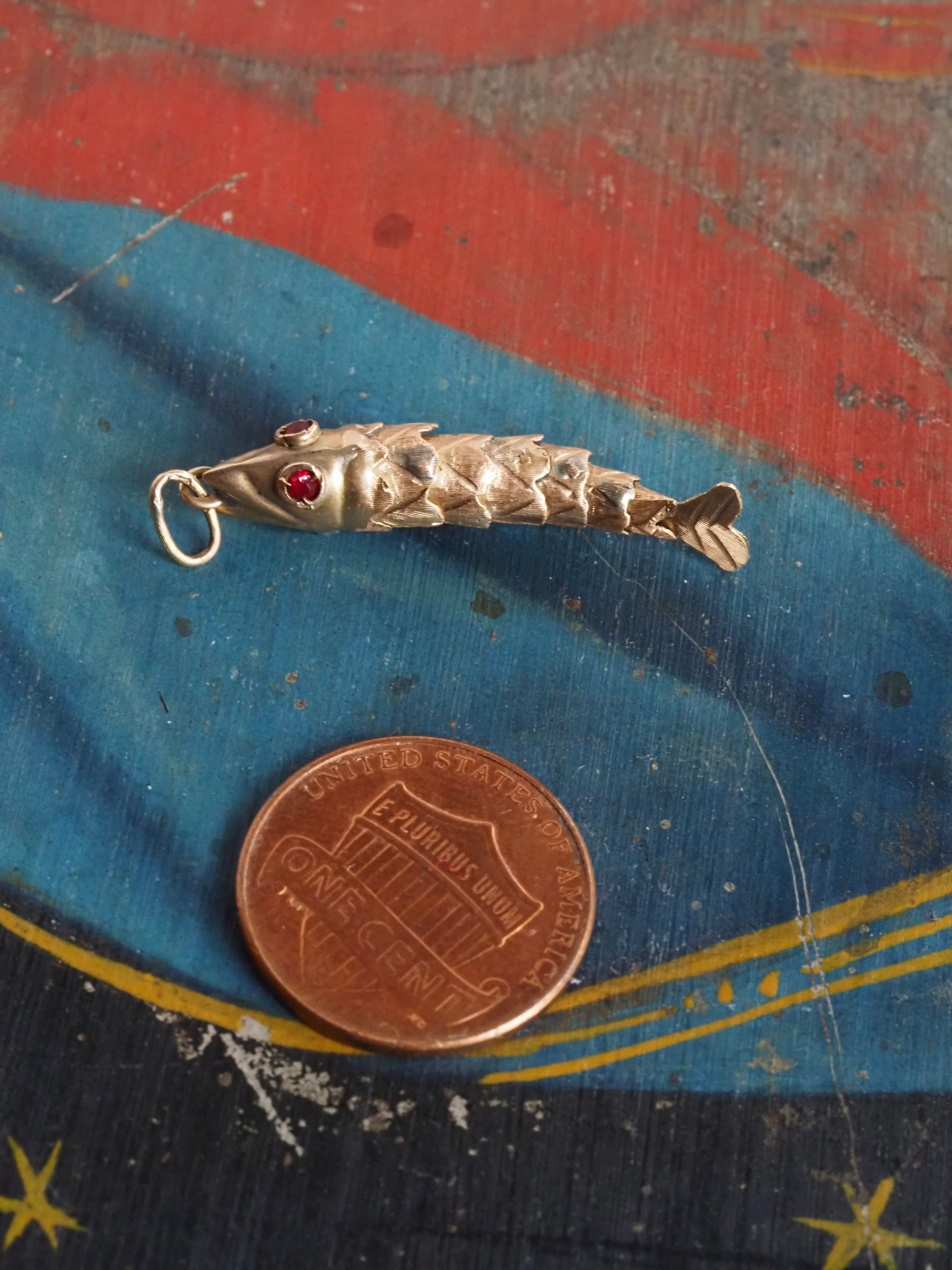 Vintage 14k Gold & Ruby Paste Articulated Fish Charm
