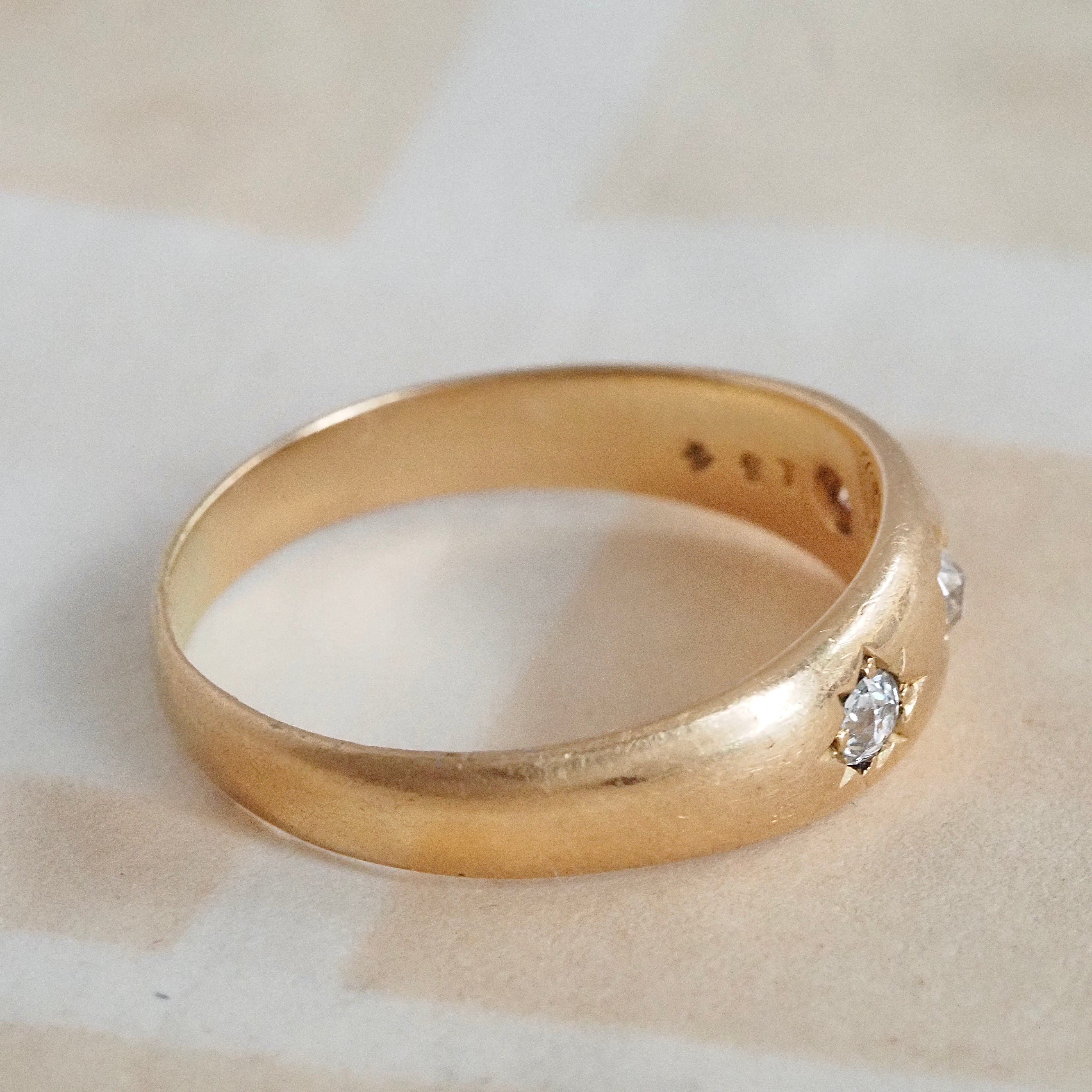 Antique c. 1890 English 18k Gold Old Mine & Old European Cut Diamond Flush Set Trilogy Ring