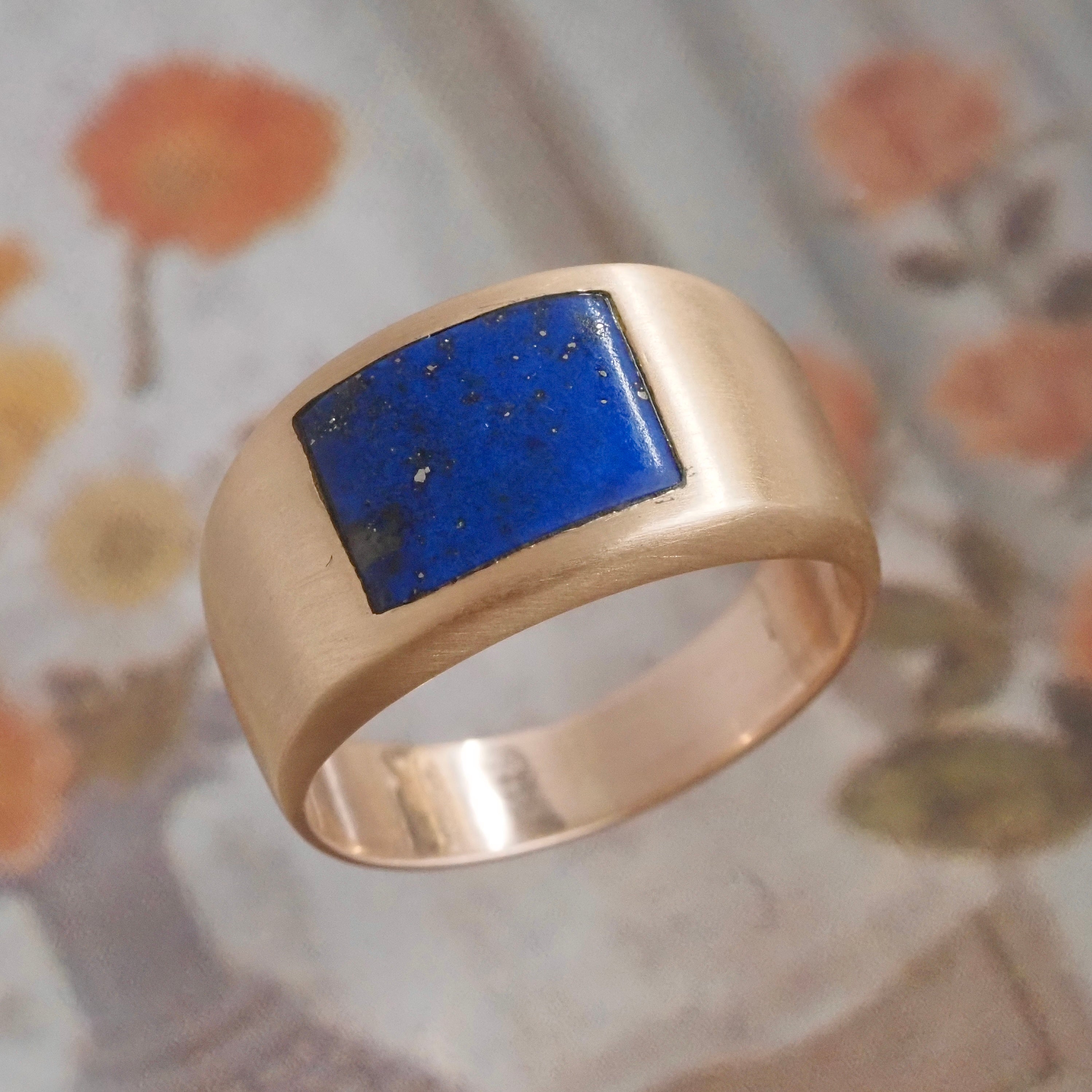 Vintage Inlaid Lapis Brushed 14k Gold Ring