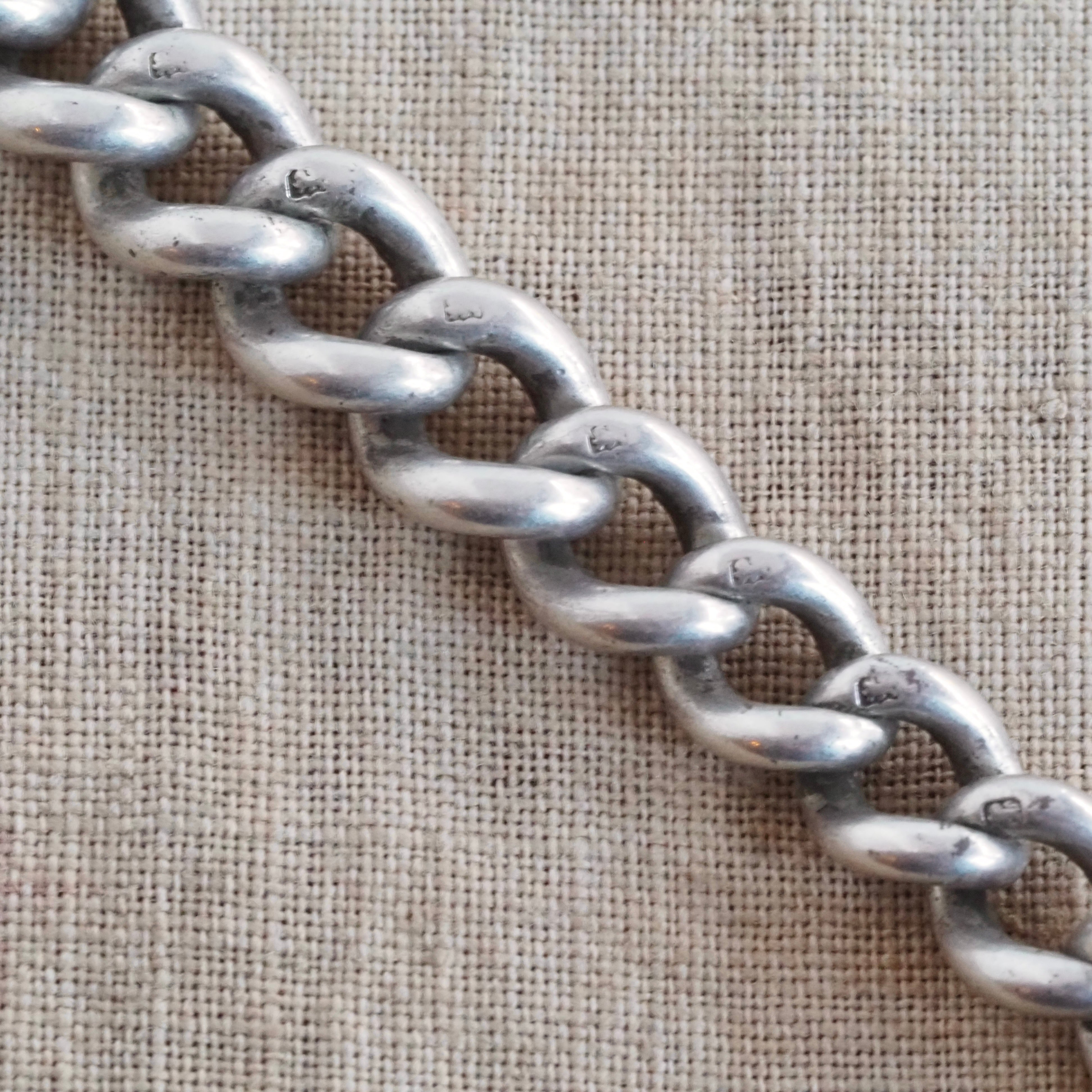 Antique English Sterling Silver Watch Chain Necklace With Graduated Links & T Bar