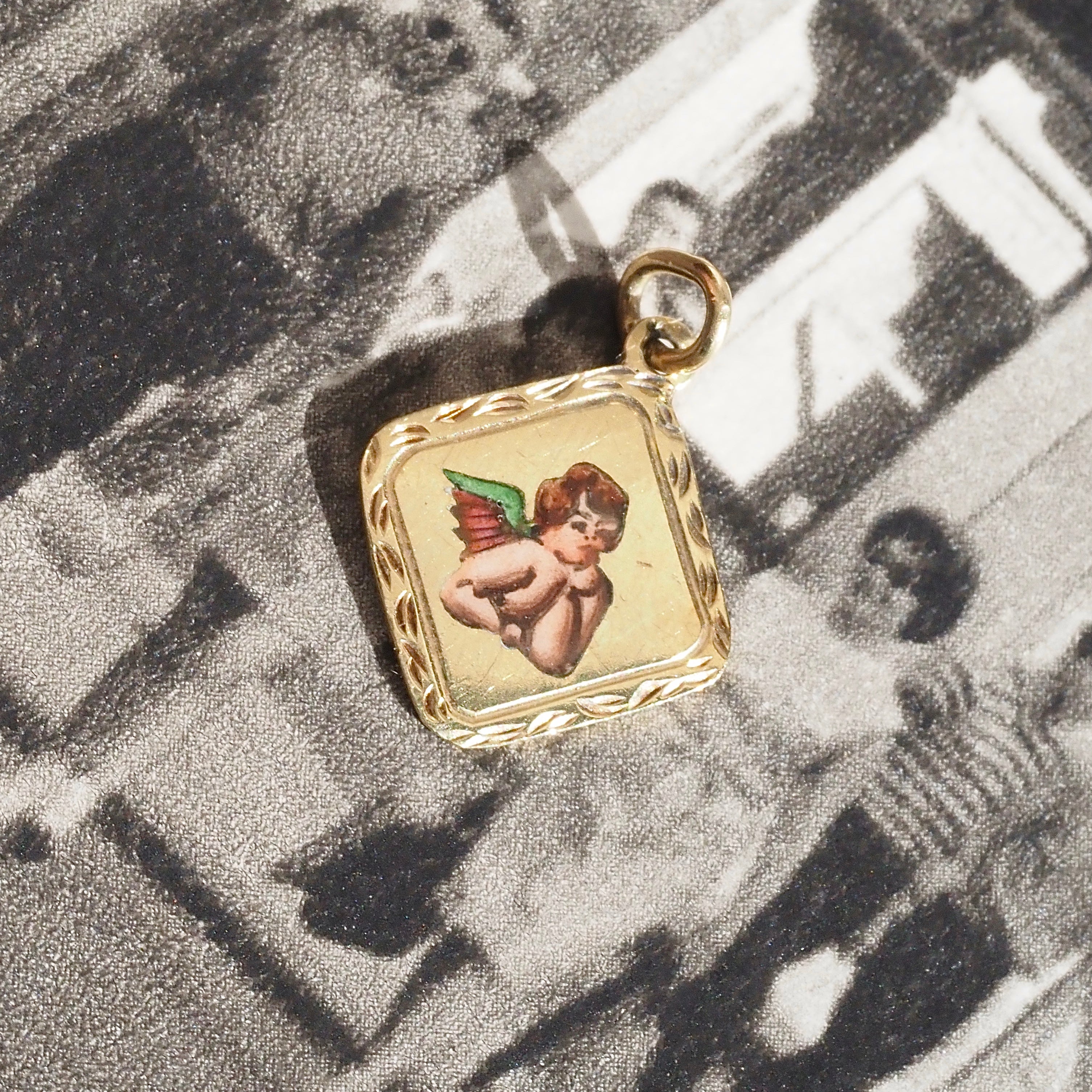 Antique Victorian German Guardian Angel "God Bless You" Enamel 14k Gold Pendant