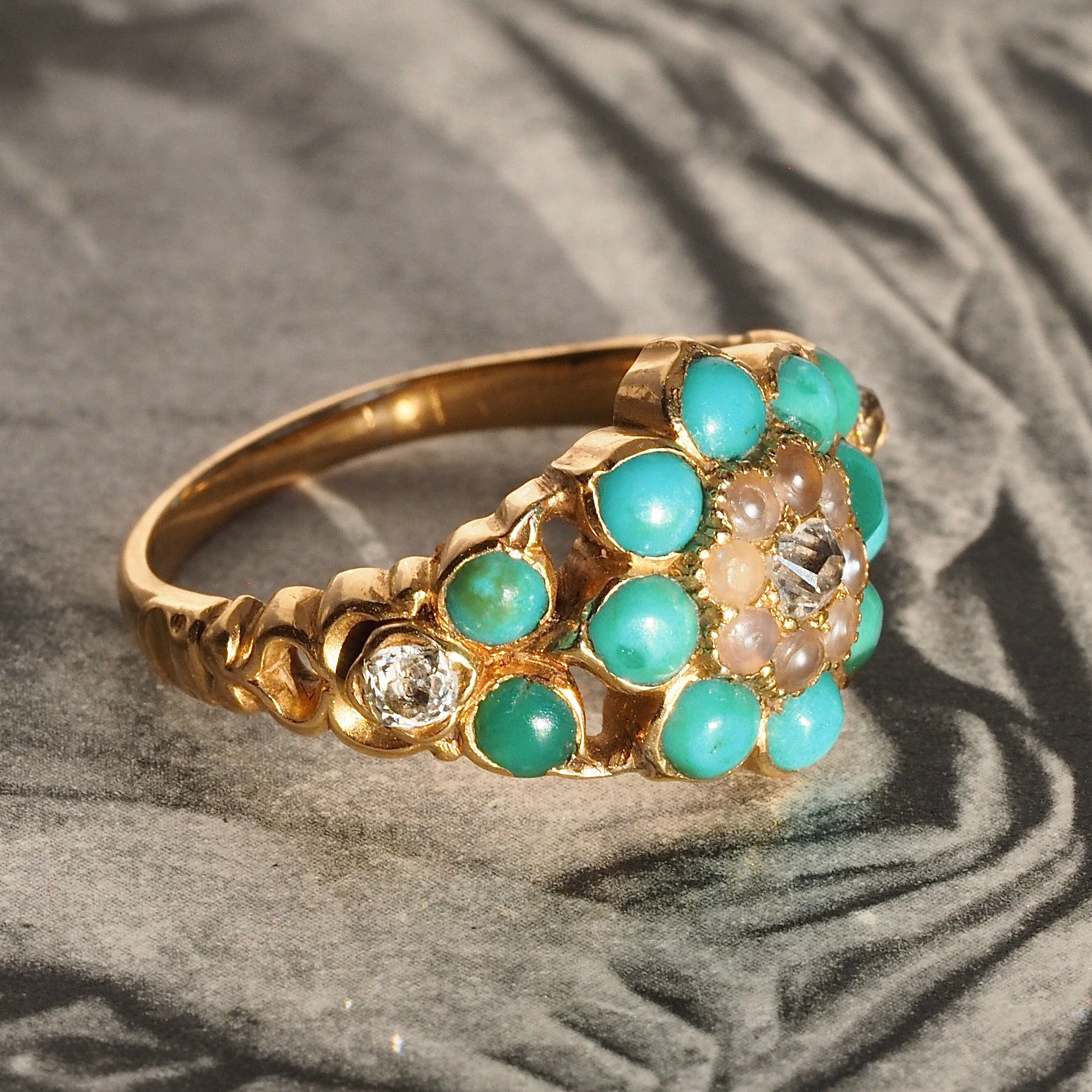 Antique Georgian 18k Gold Turquoise, Pearl and Diamond Ring