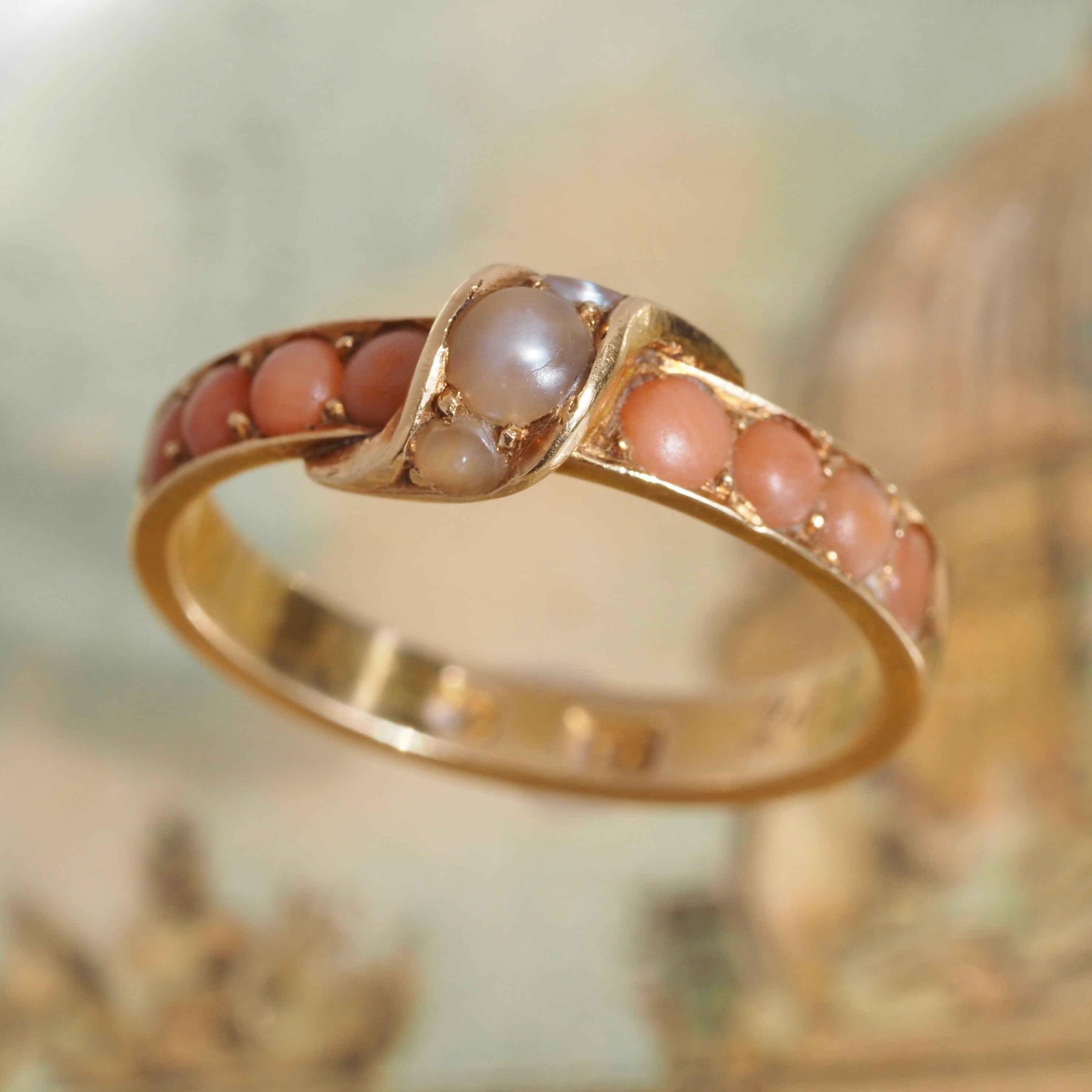 Antique Victorian c. 1867 Seed Pearl Coral 18k Gold Ring