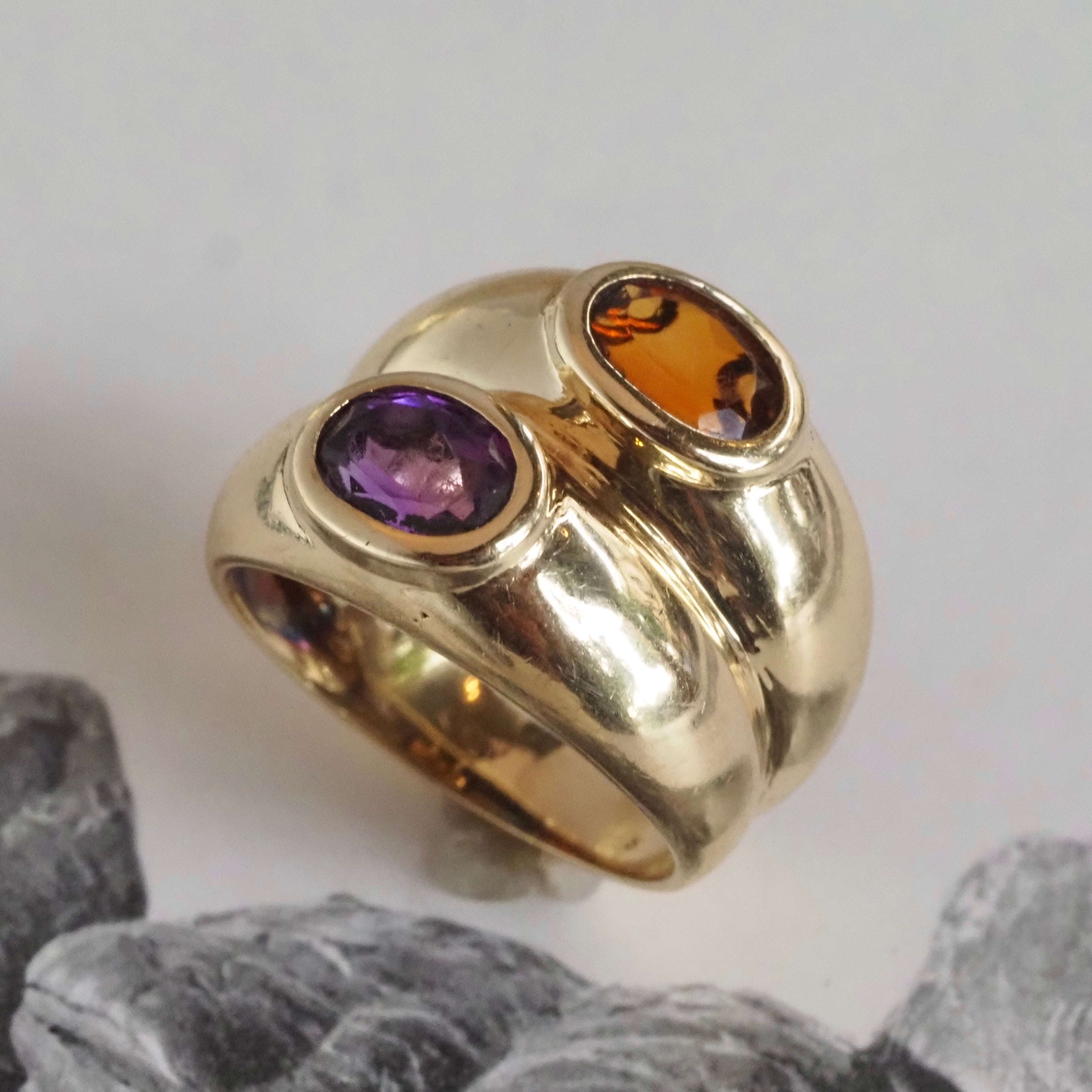 Vintage Citrine and Amethyst Double Dome Bezel Set 14k Gold Ring