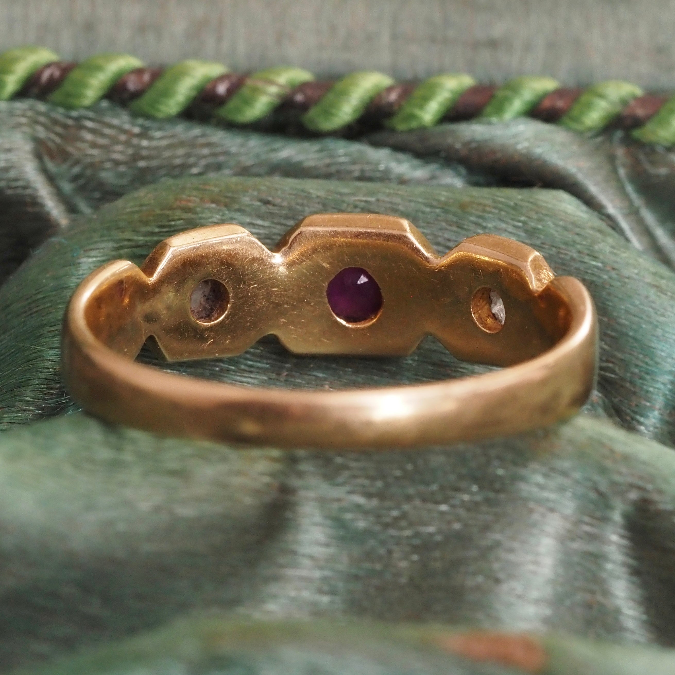 Antique English 18k Gold Ruby & Rose Cut Diamond Panel Ring