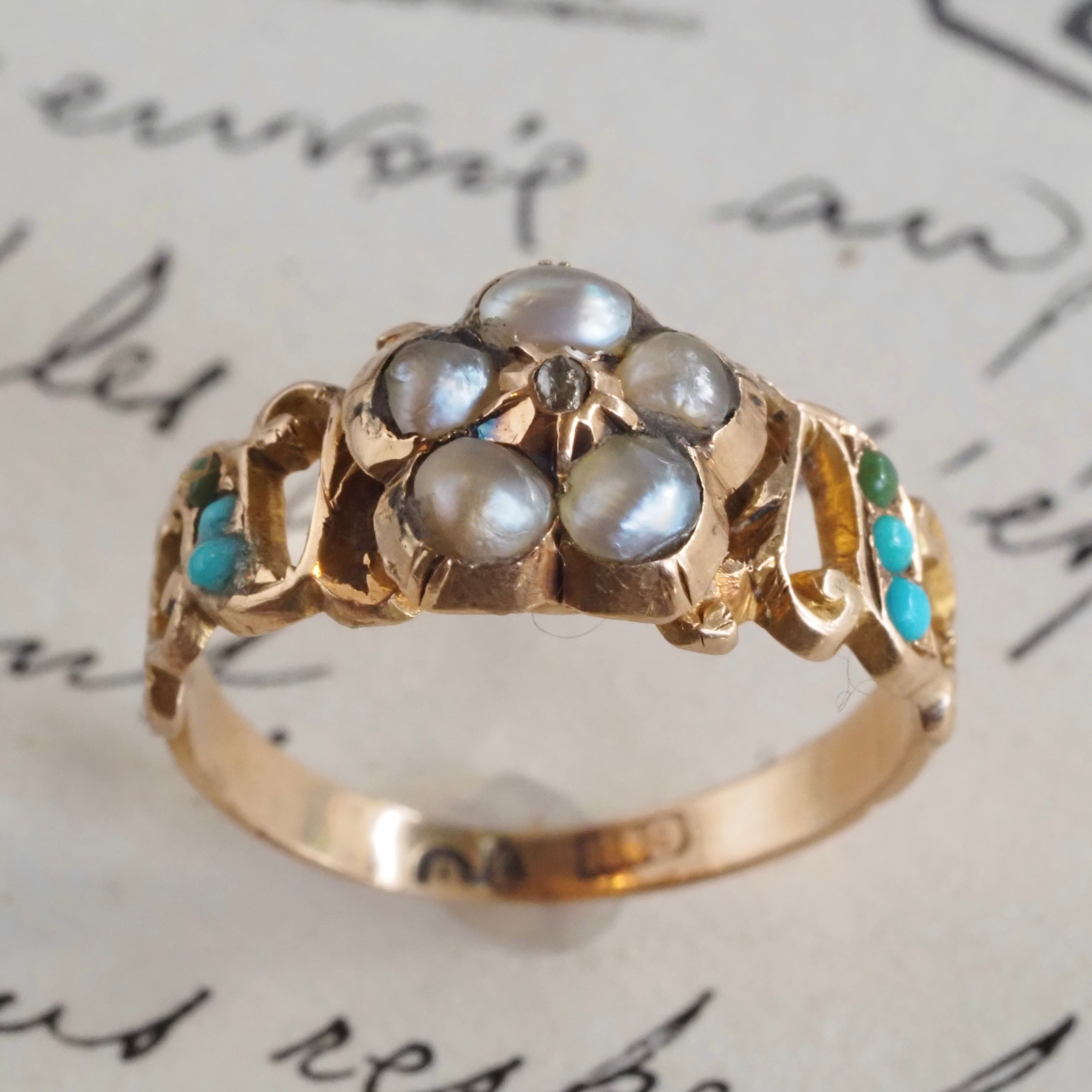 Antique Victorian Pearl Turquoise and Diamond Flower 14k Gold Ring