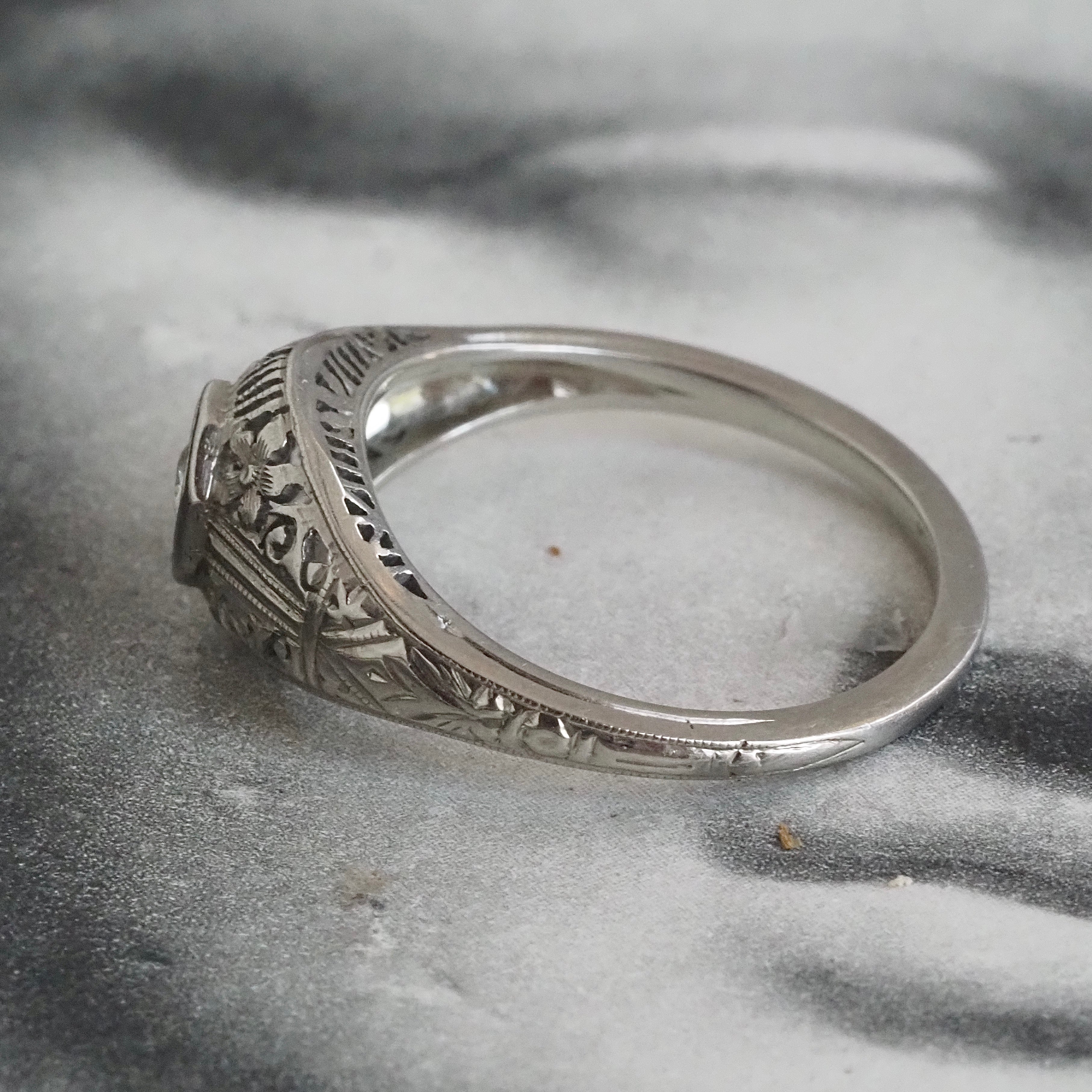 Antique Art Deco Old European Cut Diamond Open Work 18k White Gold Ring