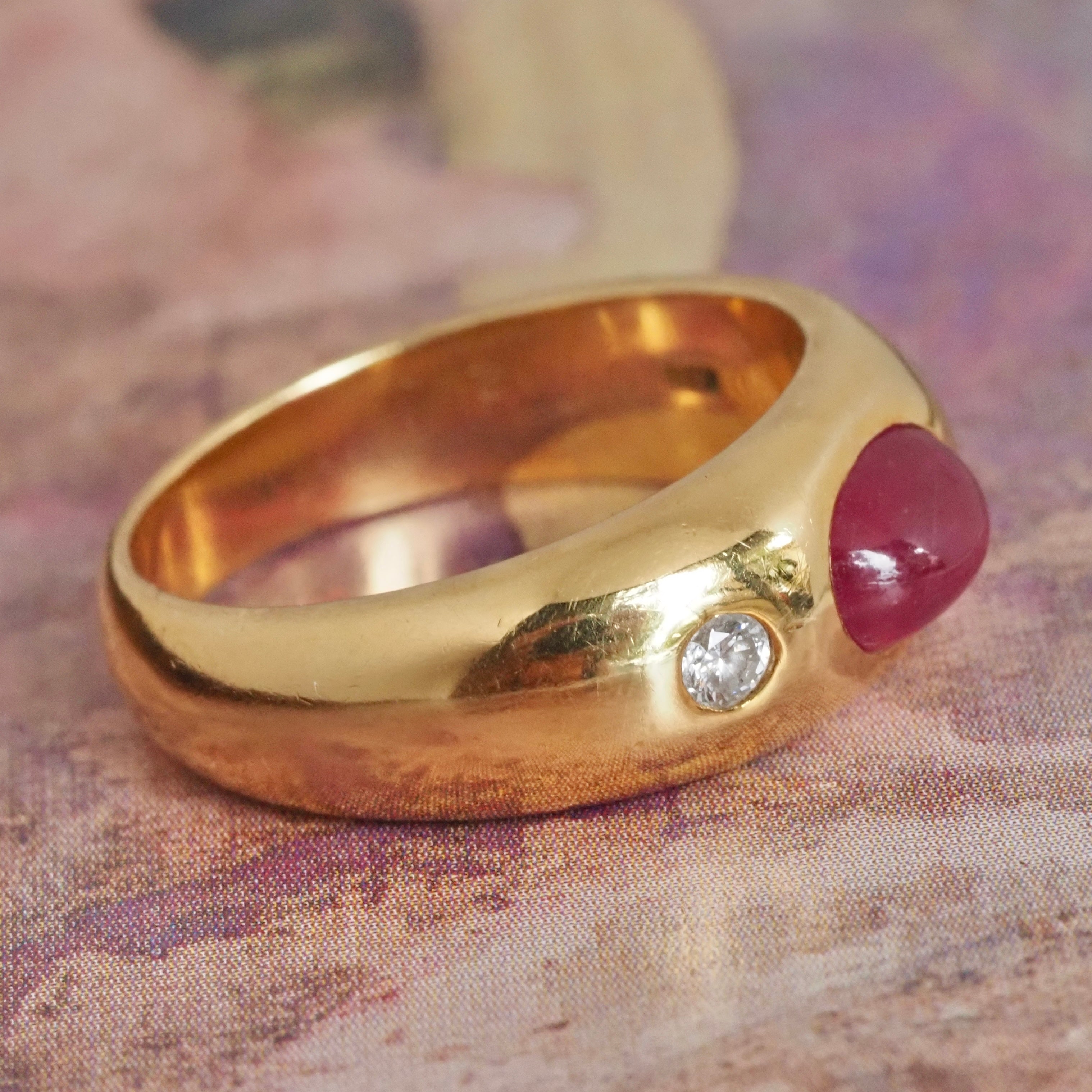 Vintage Natural Ruby and Diamond Flush Set 18k Gold Dome Ring