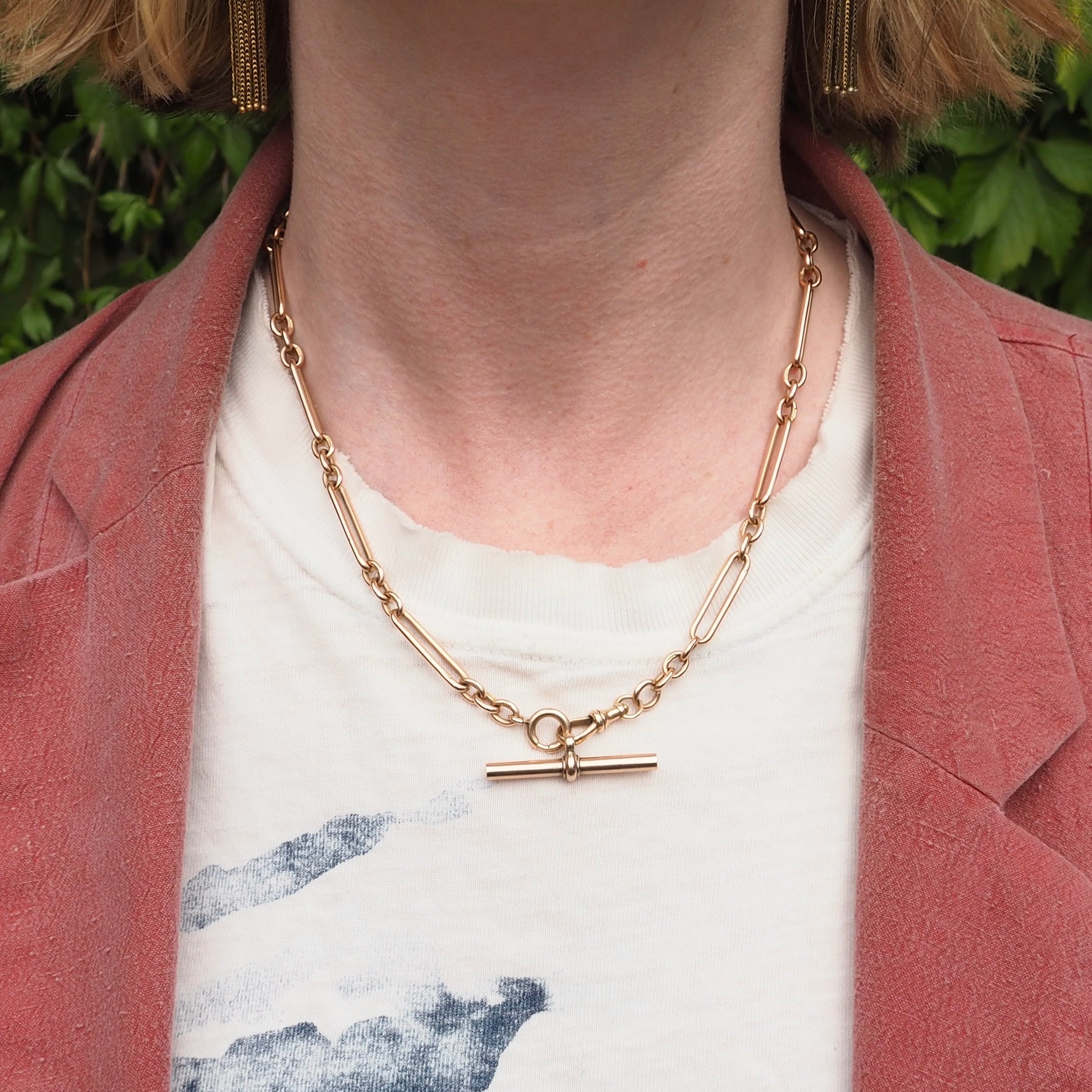 Antique English 9k Trombone Link Watch Chain with T Bar and Bolt Clasp