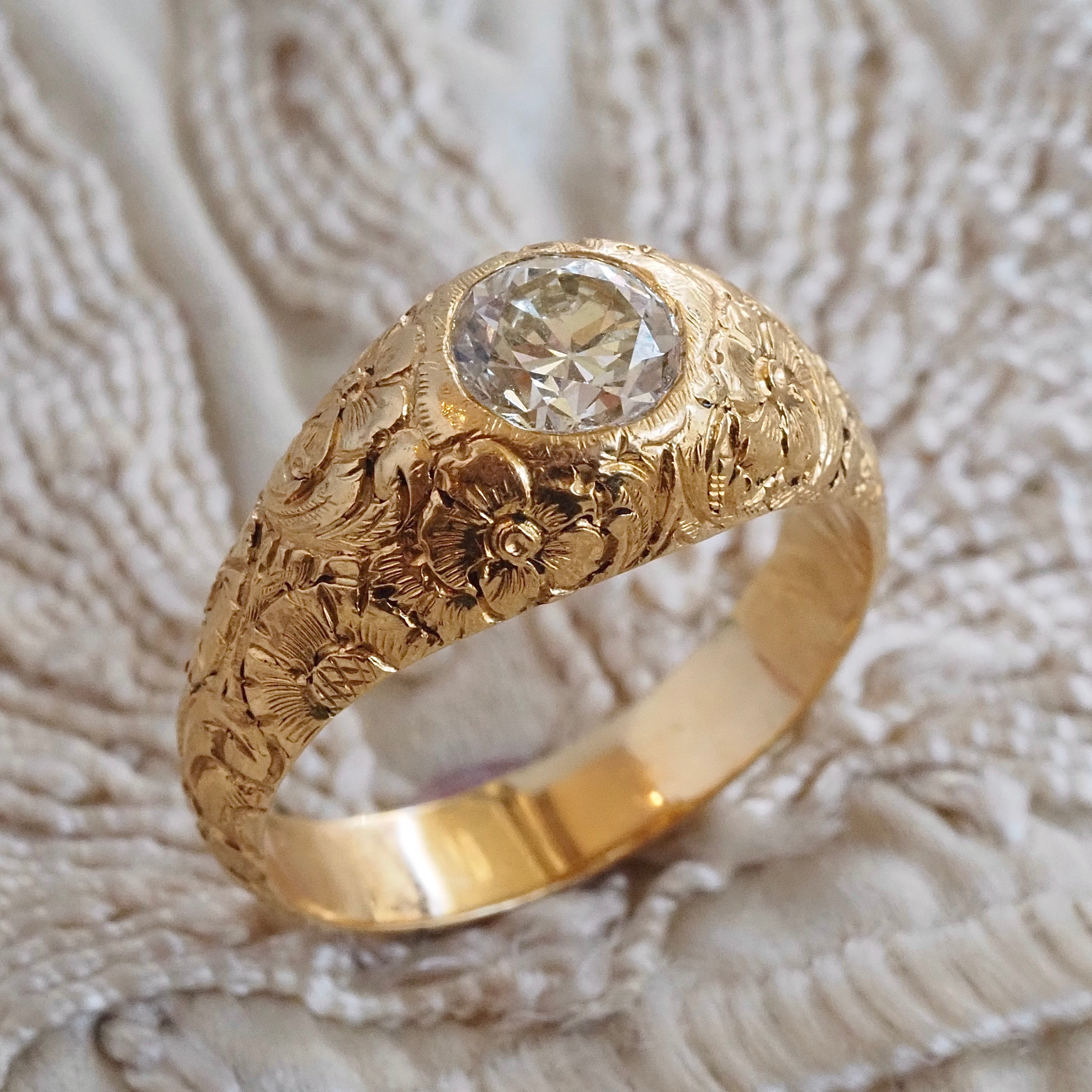 Vintage Portuguese Floral Engraved 19k Gold 1.26ct Old European Cut Diamond Ring