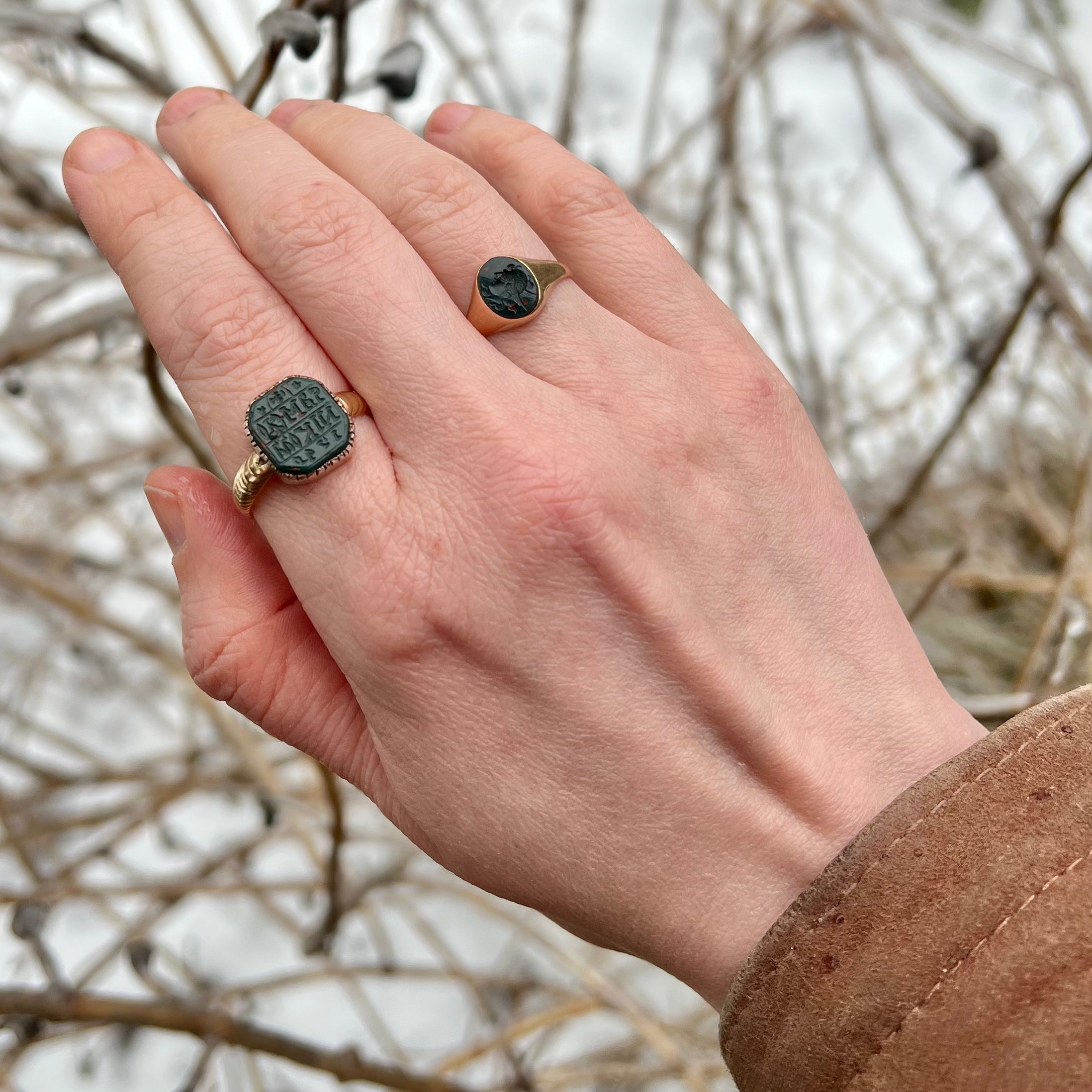 Antique 14k Gold Signet Ring with c. 1749 Cyrillic Bloodstone Intaglio