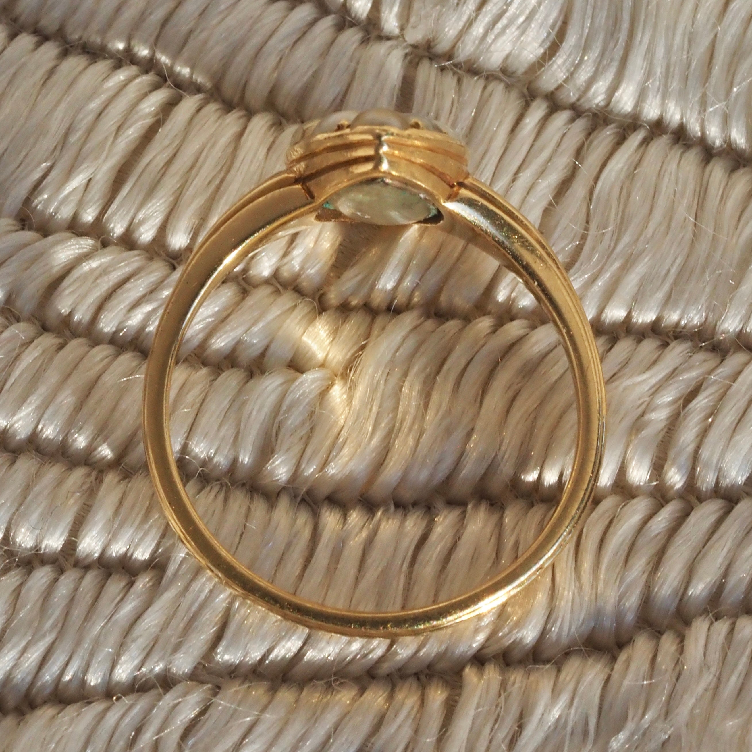 Antique Early Victorian Peruzzi Diamond Natural Seed Pearl 18k Gold Navette Ring