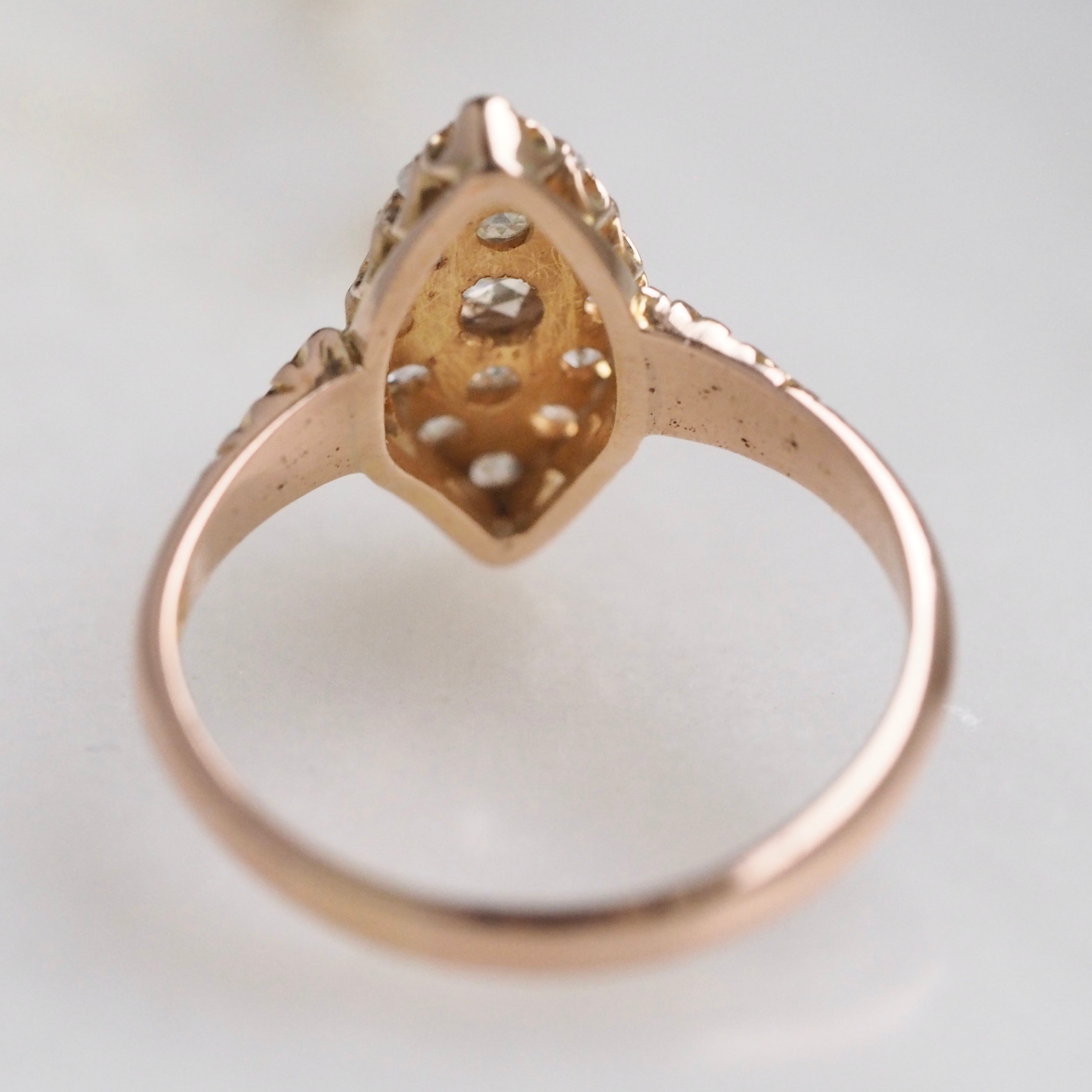 Antique English 18k Gold Rose Cut Diamond Navette Ring