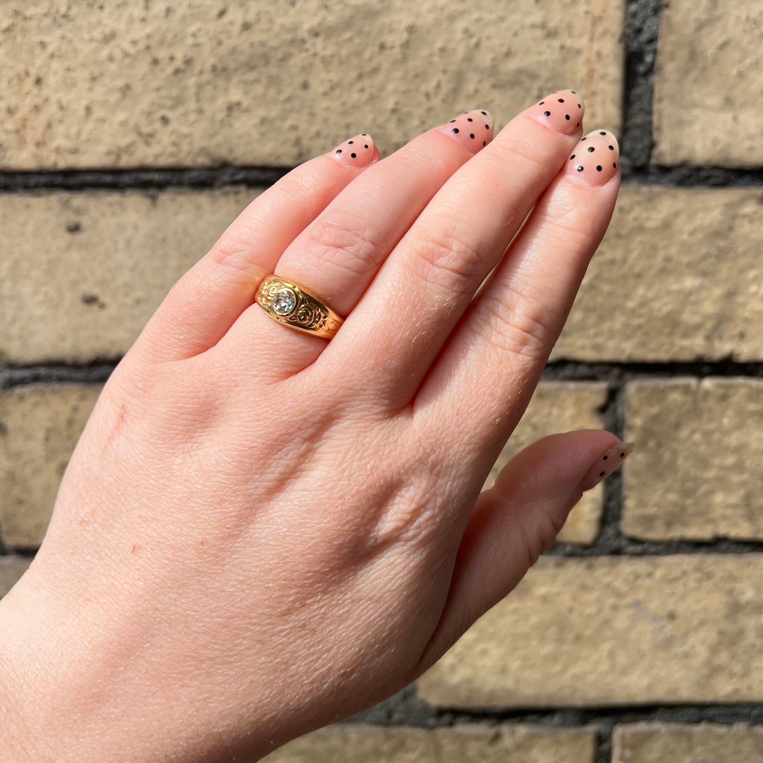 Vintage Bezel Set Old Mine Cut Diamond 18k Gold Dome Floral Engagement Ring