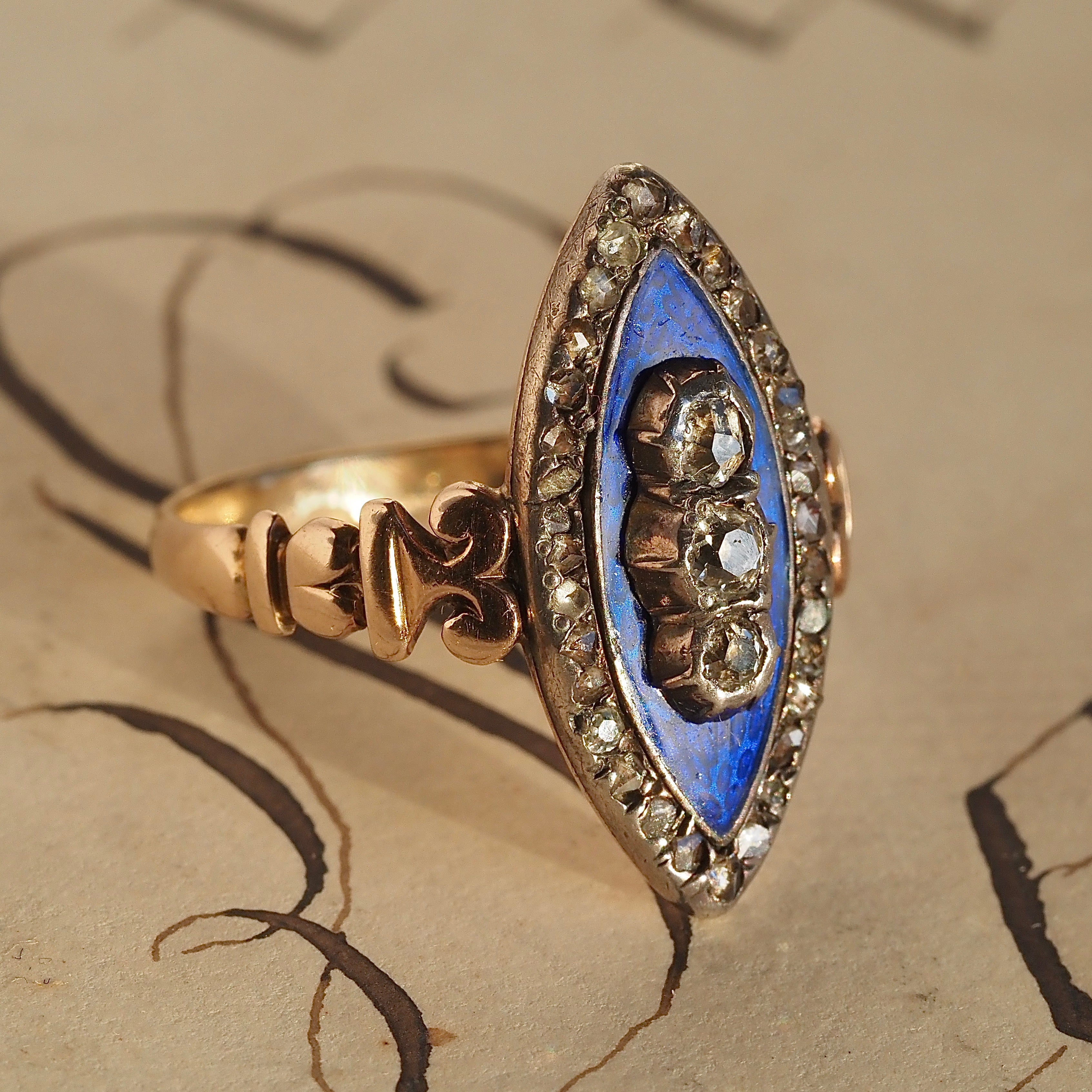 Antique Georgian "Bague au Firmament" Ring of the Heavens Rose Cut Diamond Midnight Enamel 15k Gold & Silver Navette Ring