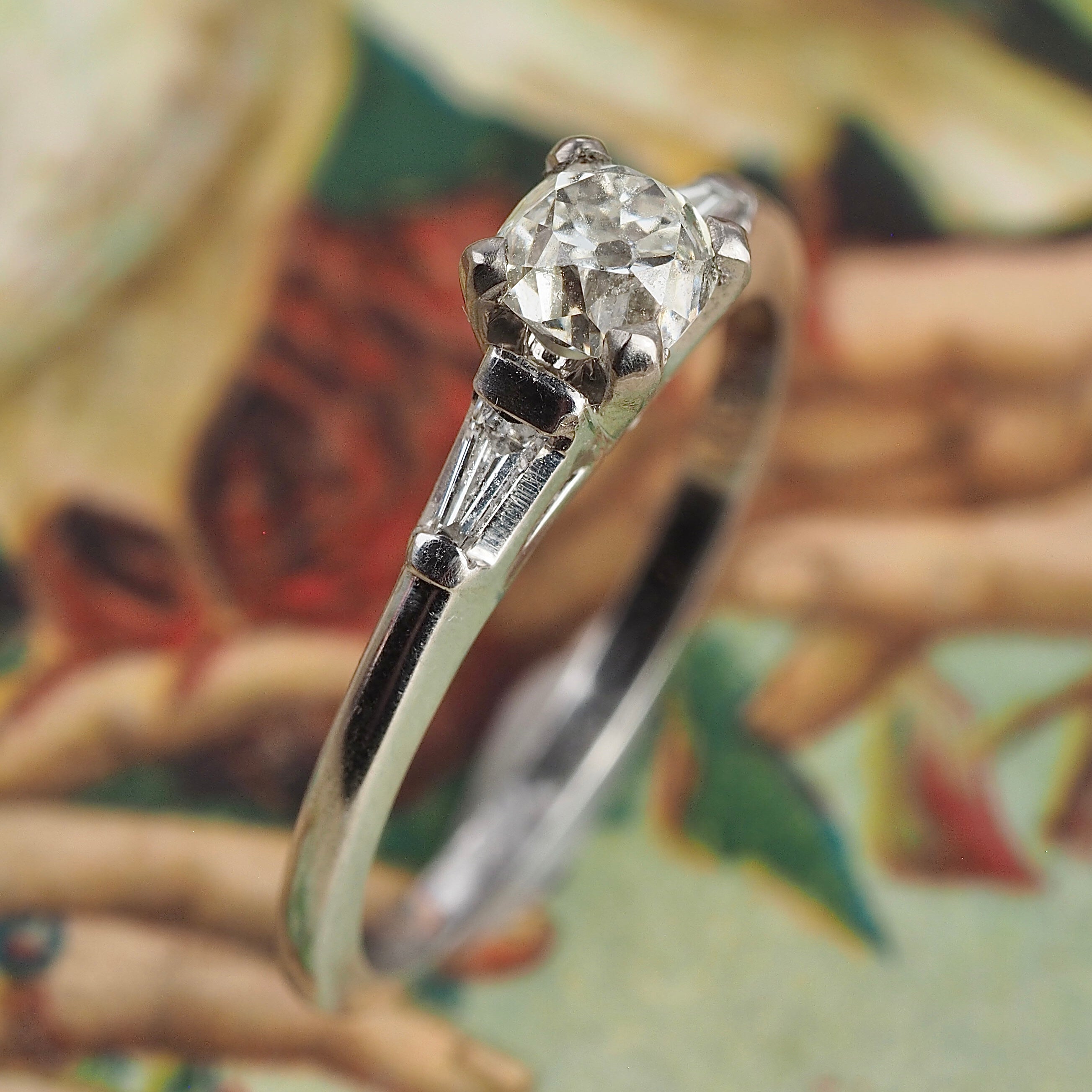 Midcentury 18k White Gold Old Mine Cut Diamond Tapered Baguette Ring
