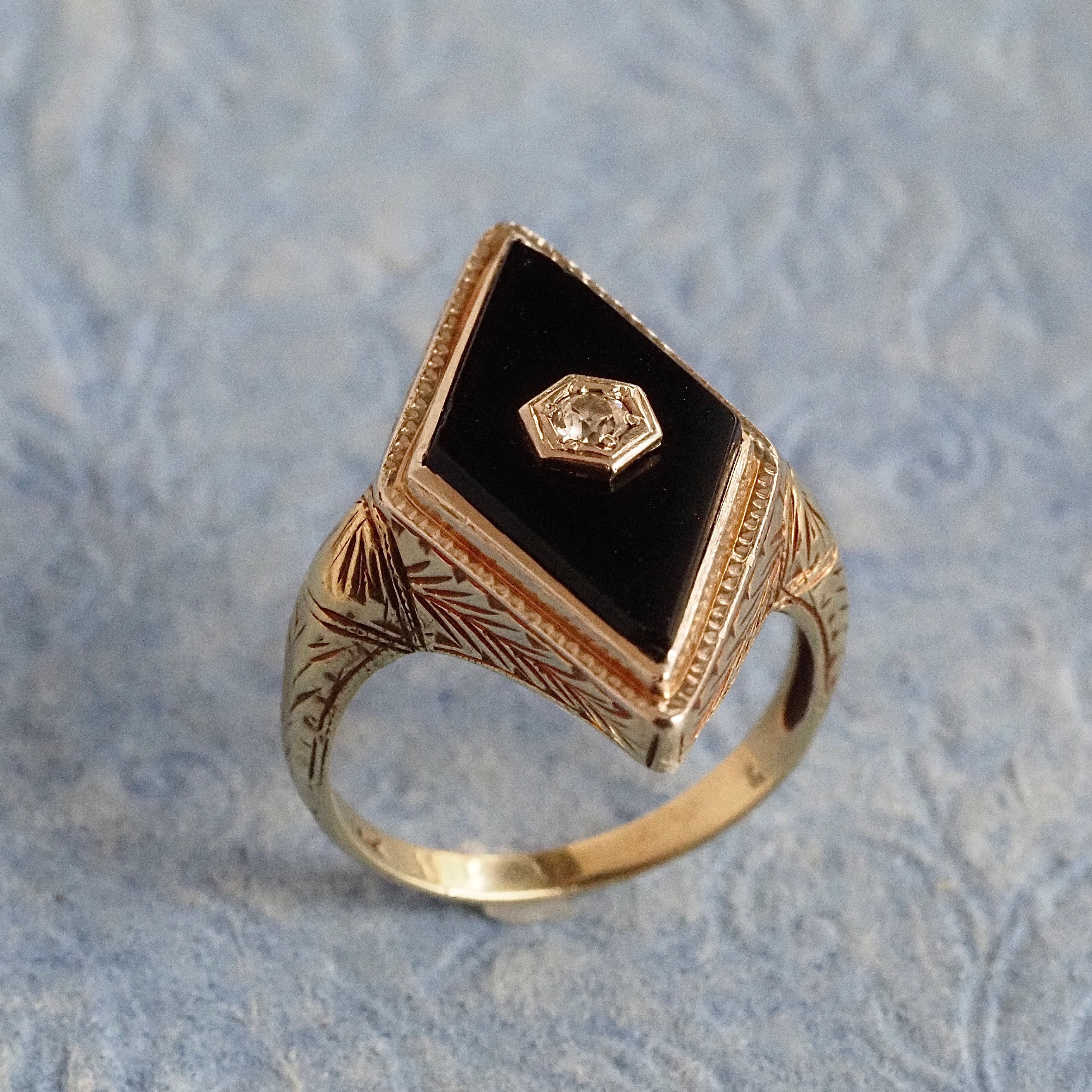 Art Deco Onyx Diamond 14k White Gold Ring