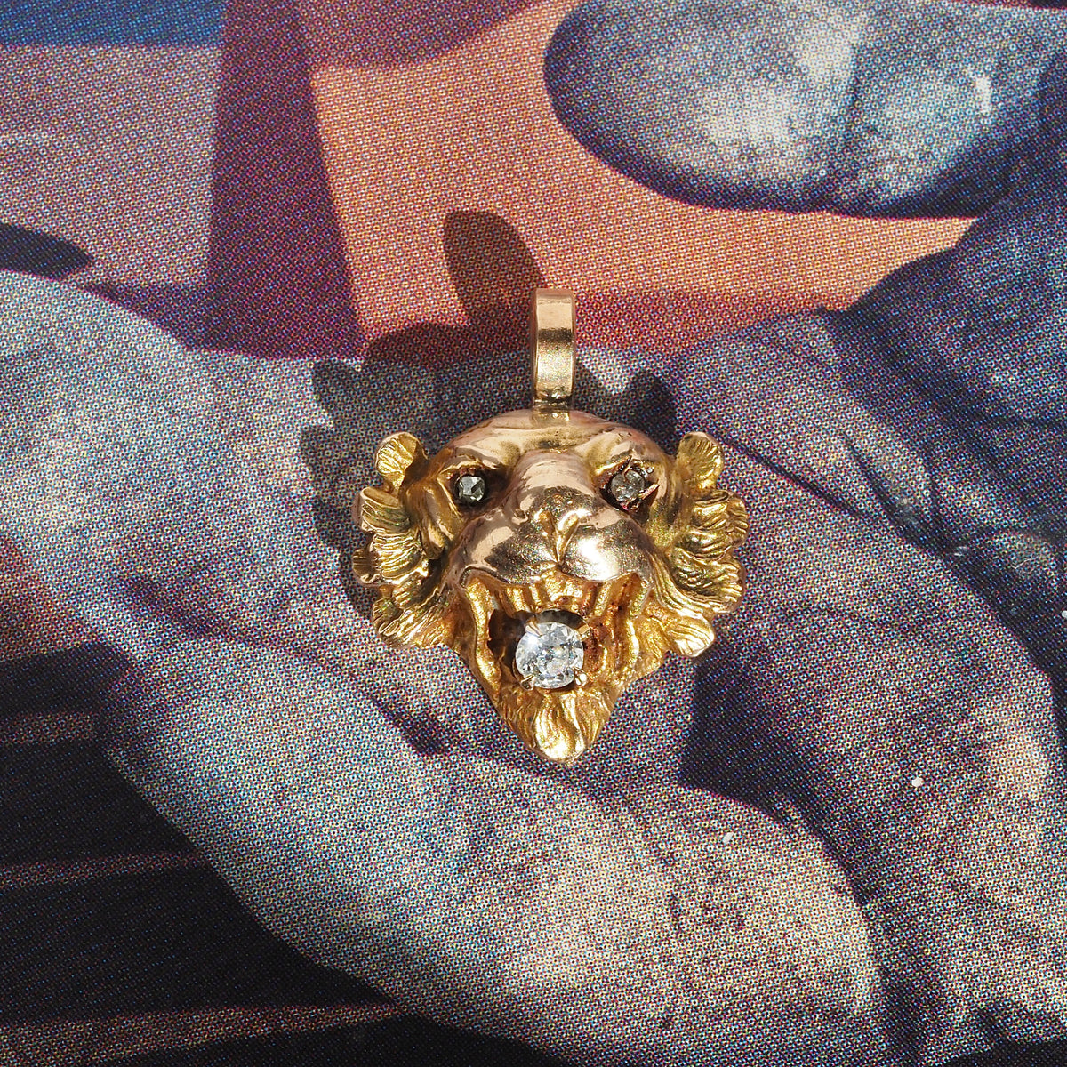Antique Victorian Lion with Old Mine Cut Diamonds 14k Gold Pendant