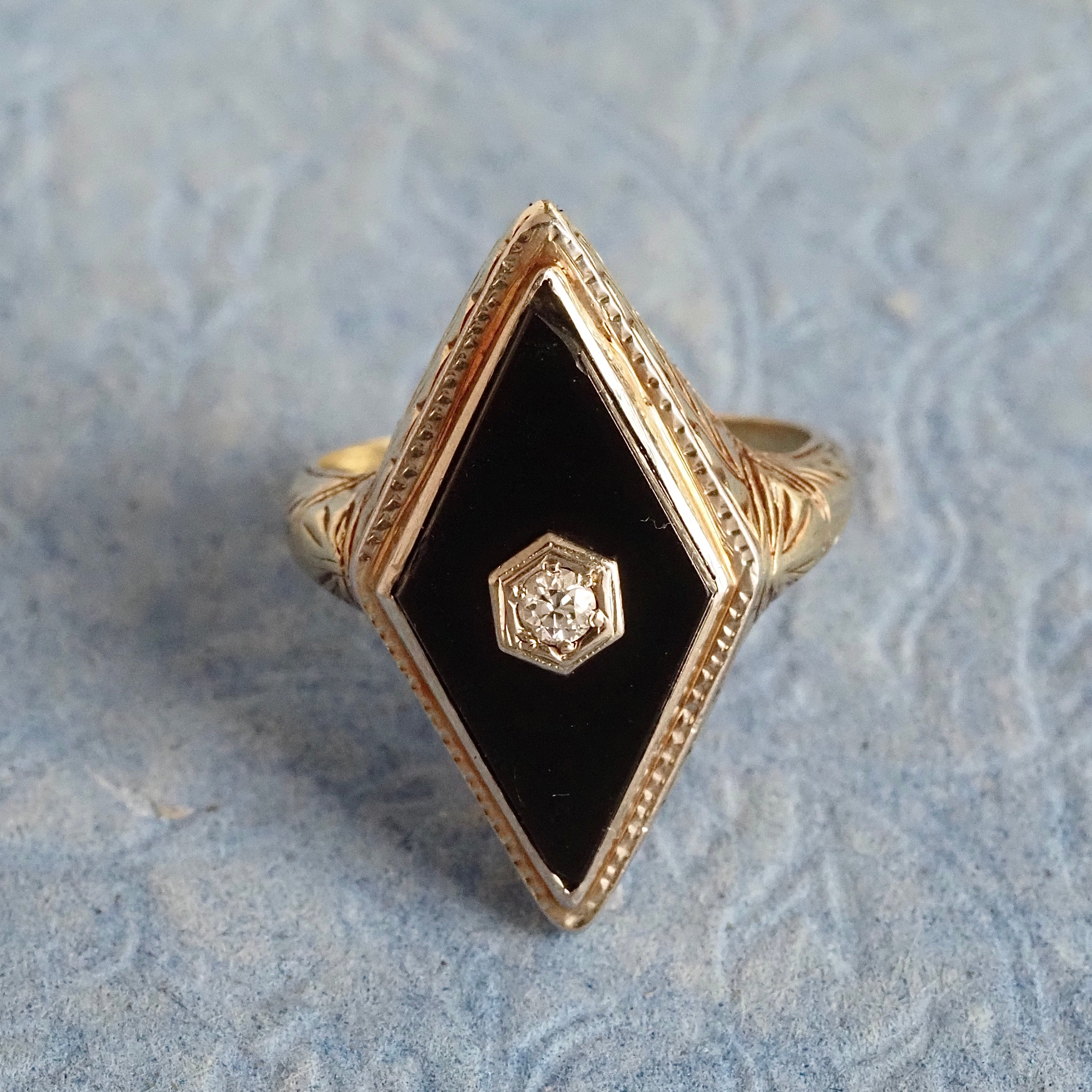 Art Deco Onyx Diamond 14k White Gold Ring
