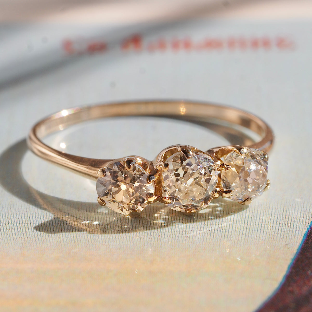 Antique Trilogy Old Mine Cut Diamond 14k Gold Engagement Ring