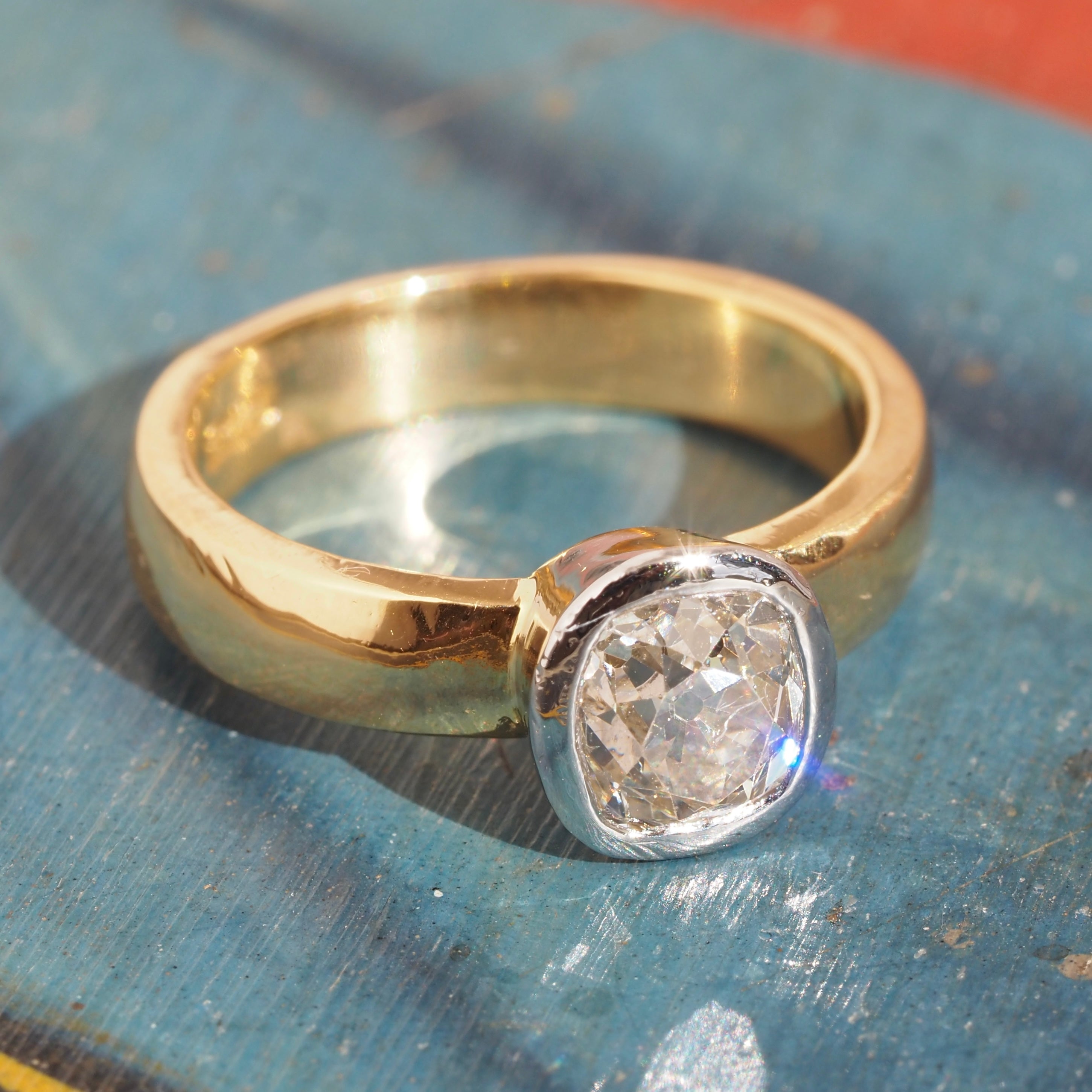 Vintage English 22k Gold Platinum Bezel Set 1.10ct Old Mine Cut Diamond Engagement Ring