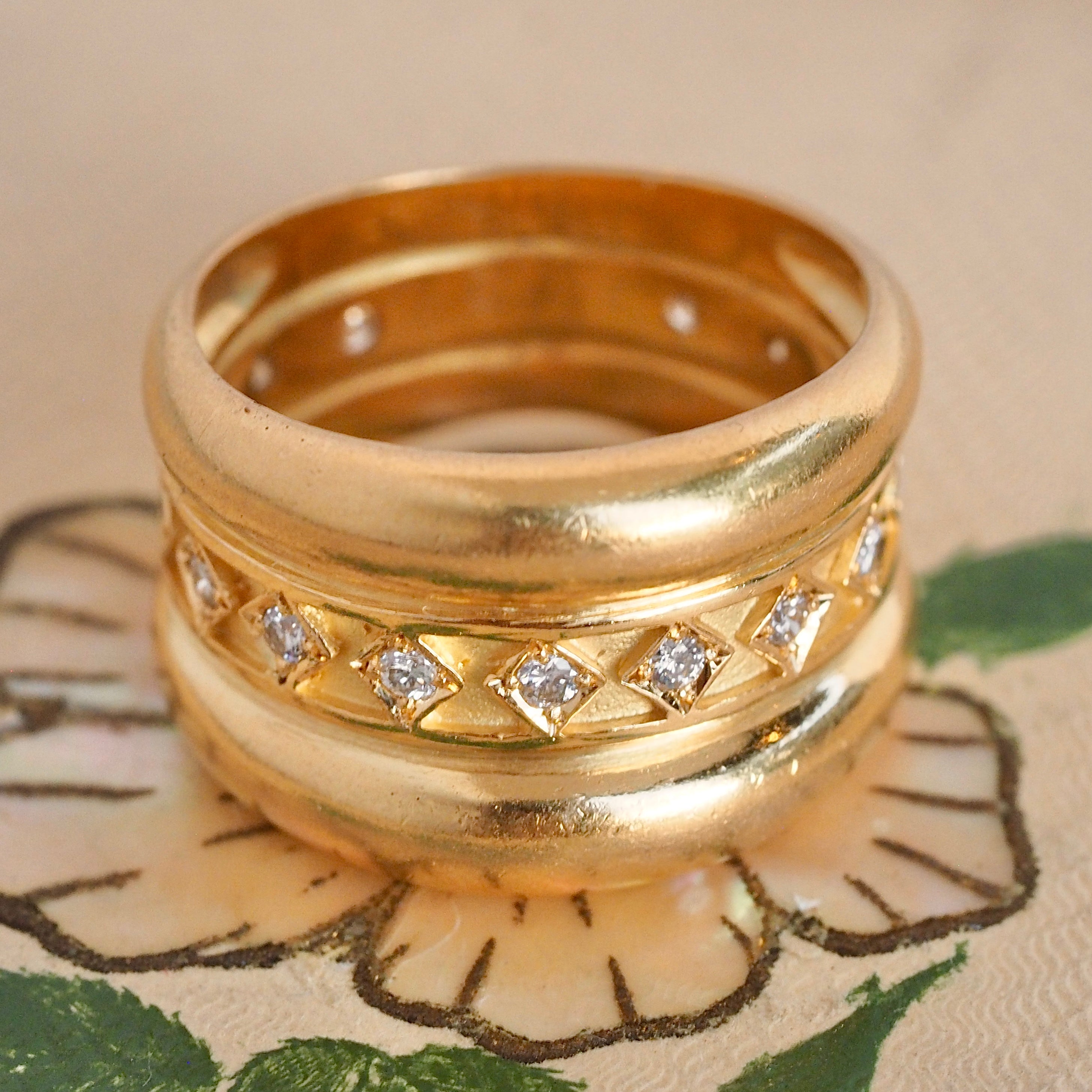 Vintage Portuguese 19k Gold Wide Diamond Band