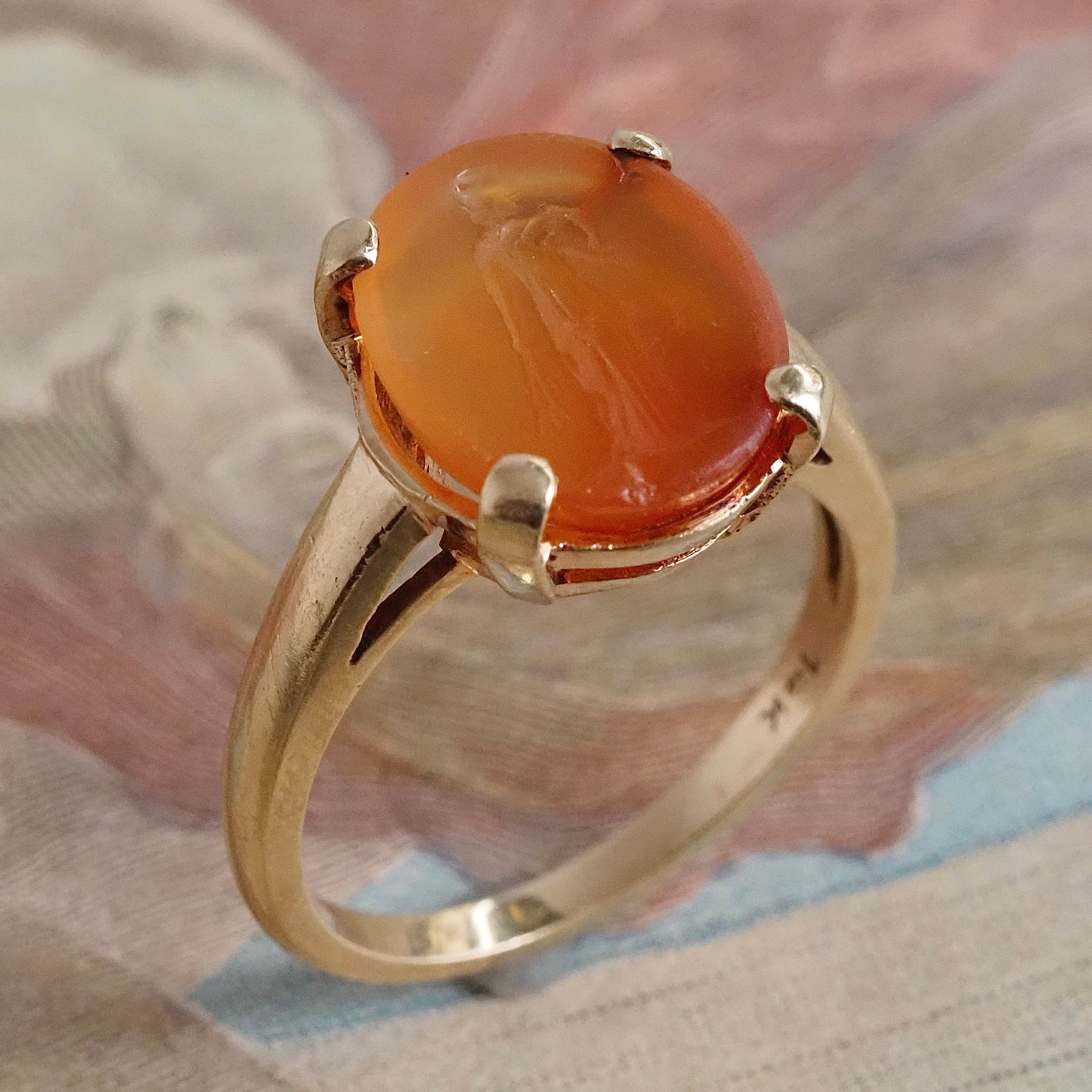 Vintage Carnelian Fortuna Intaglio 14k Gold Ring