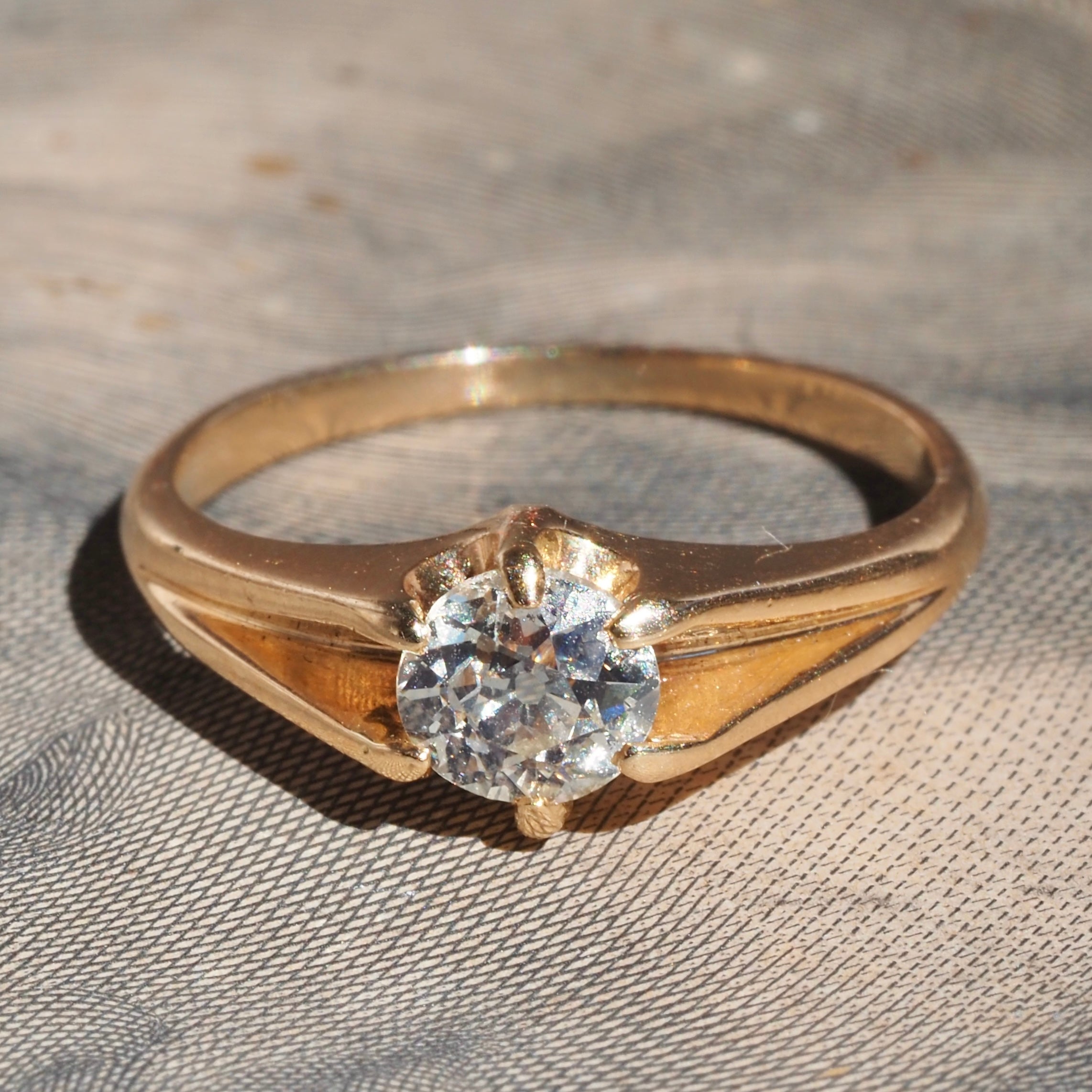 Antique Belcher Set Old Mine Cut Diamond 14k Gold Solitaire Engagement Ring