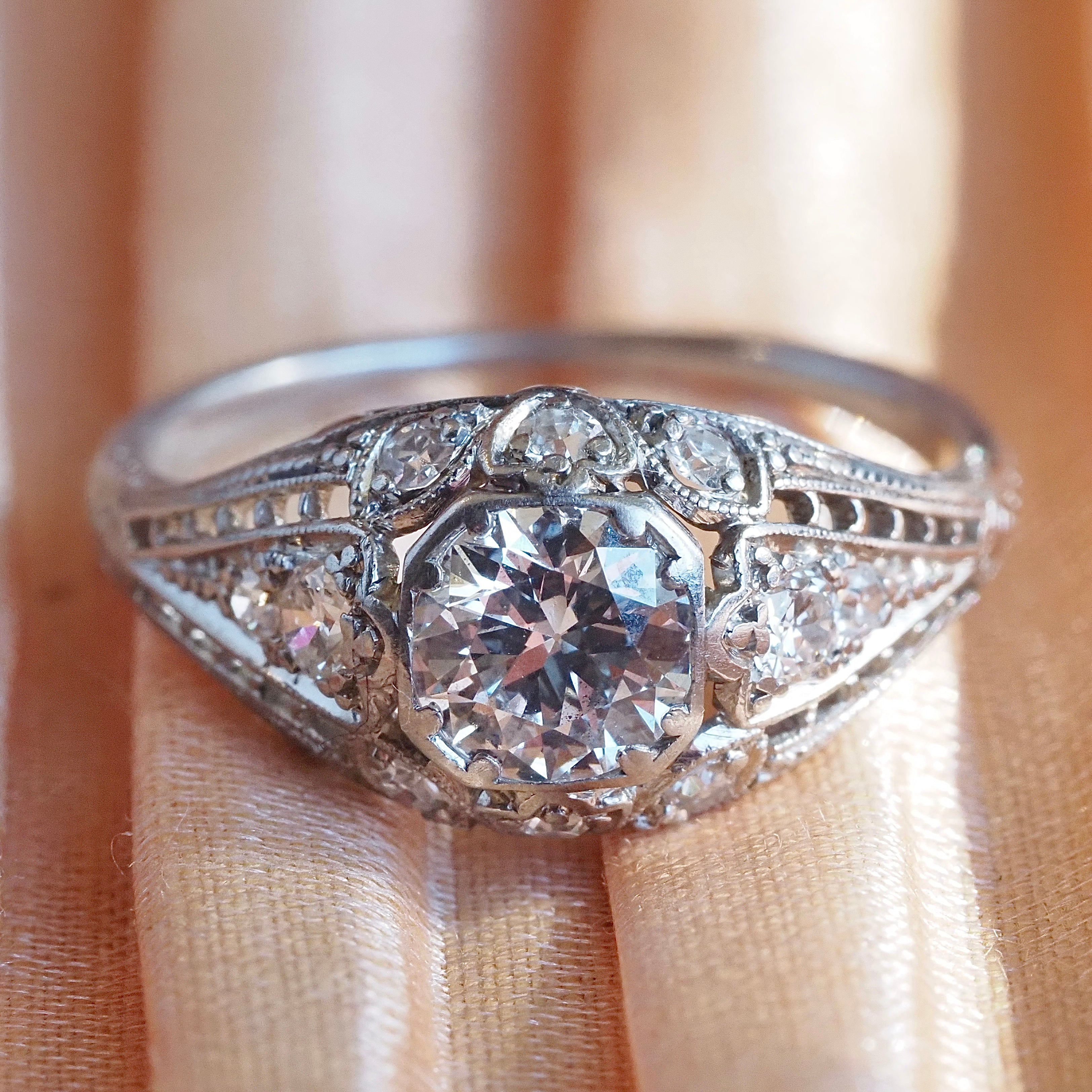 Antique Art Deco Platinum Old European Cut Diamond Engagement Ring