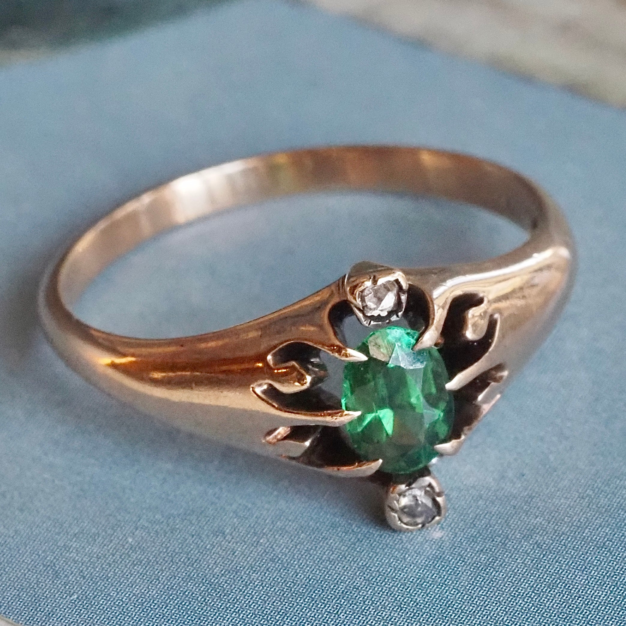 Antique Green Garnet Doublet and Diamond 10k Gold Ring