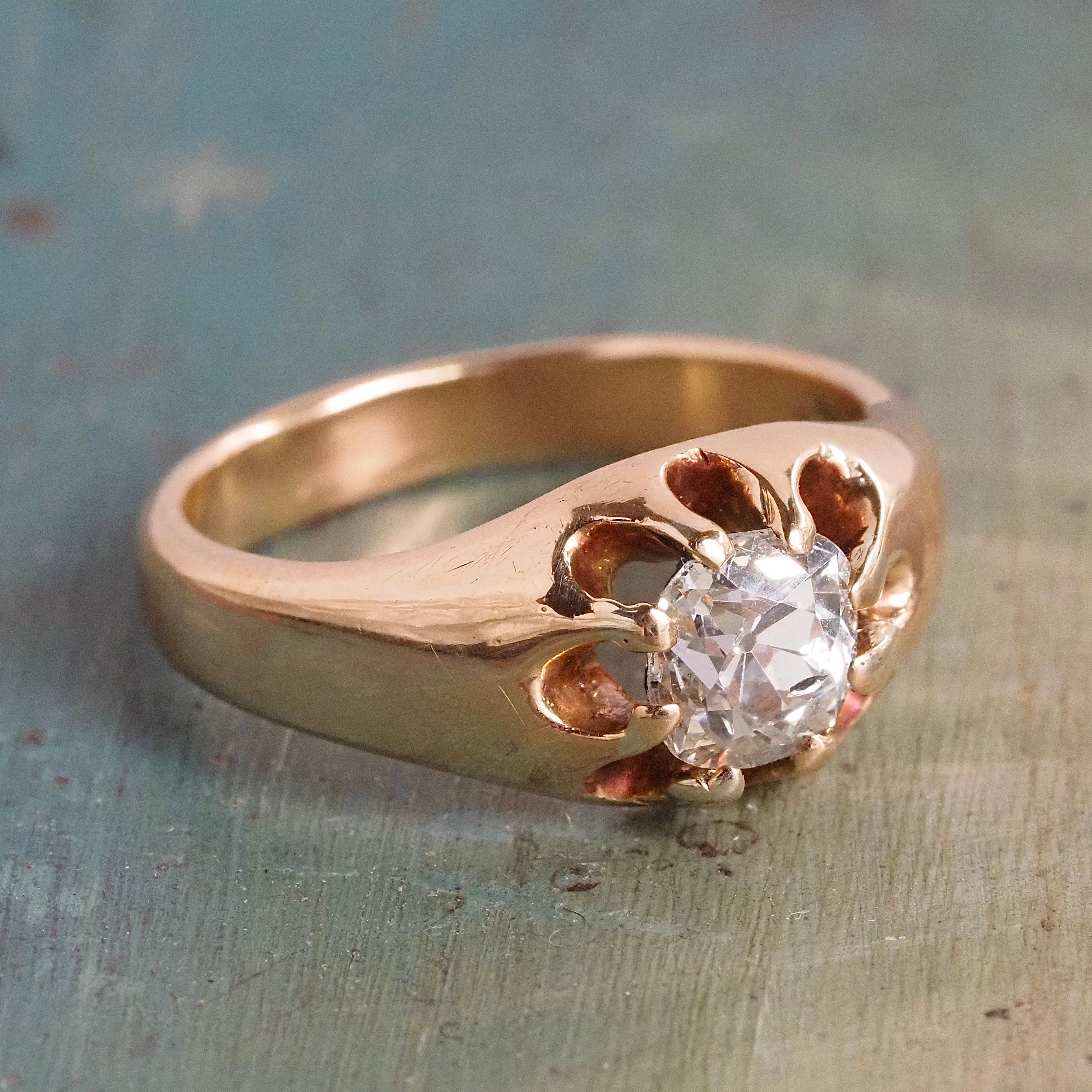 Antique Old Mine Cut Diamond Belcher Set 14k Gold Engagement Ring