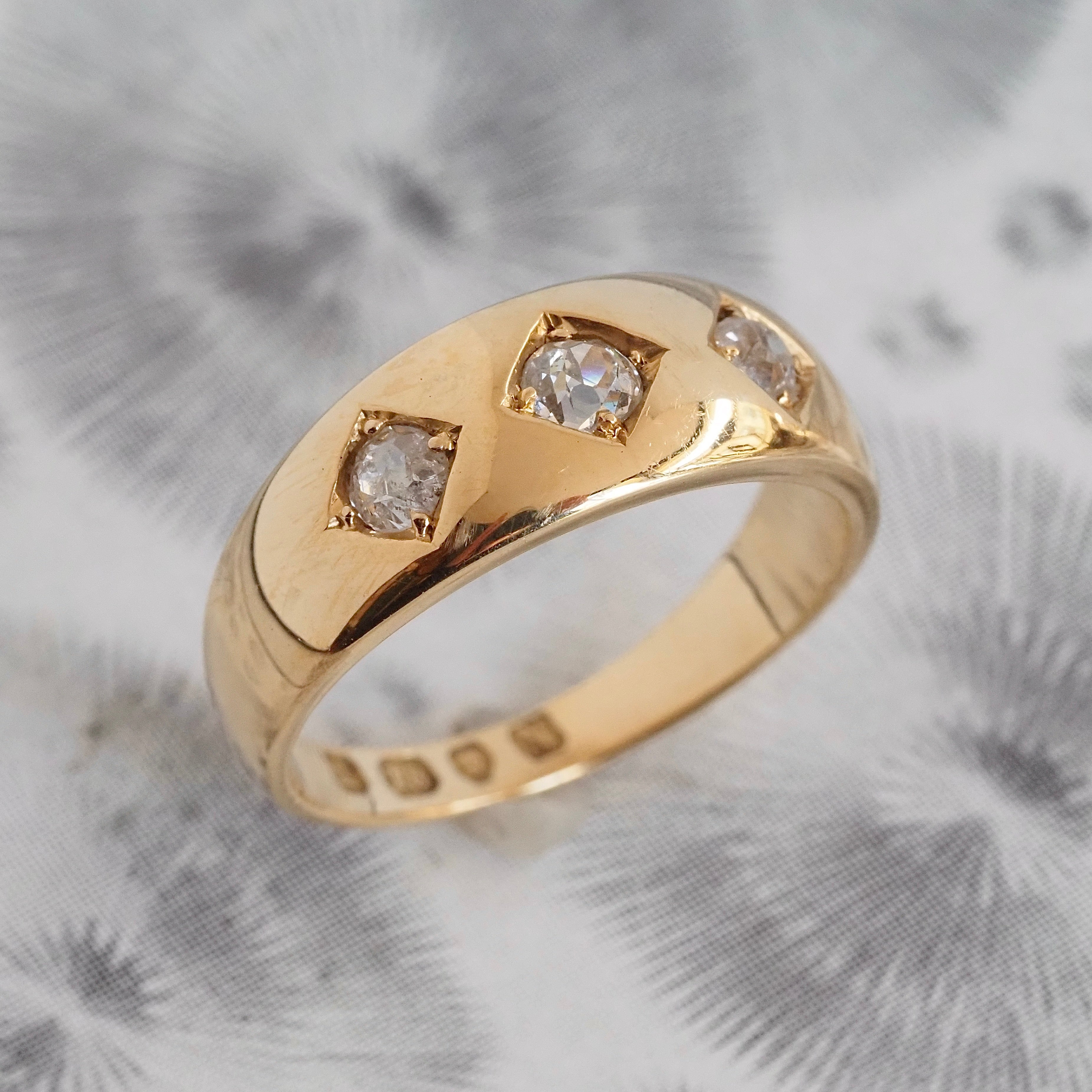 Antique c. 1888 English Flush Set Old Mine Cut Diamond Trilogy 18k Gold Ring