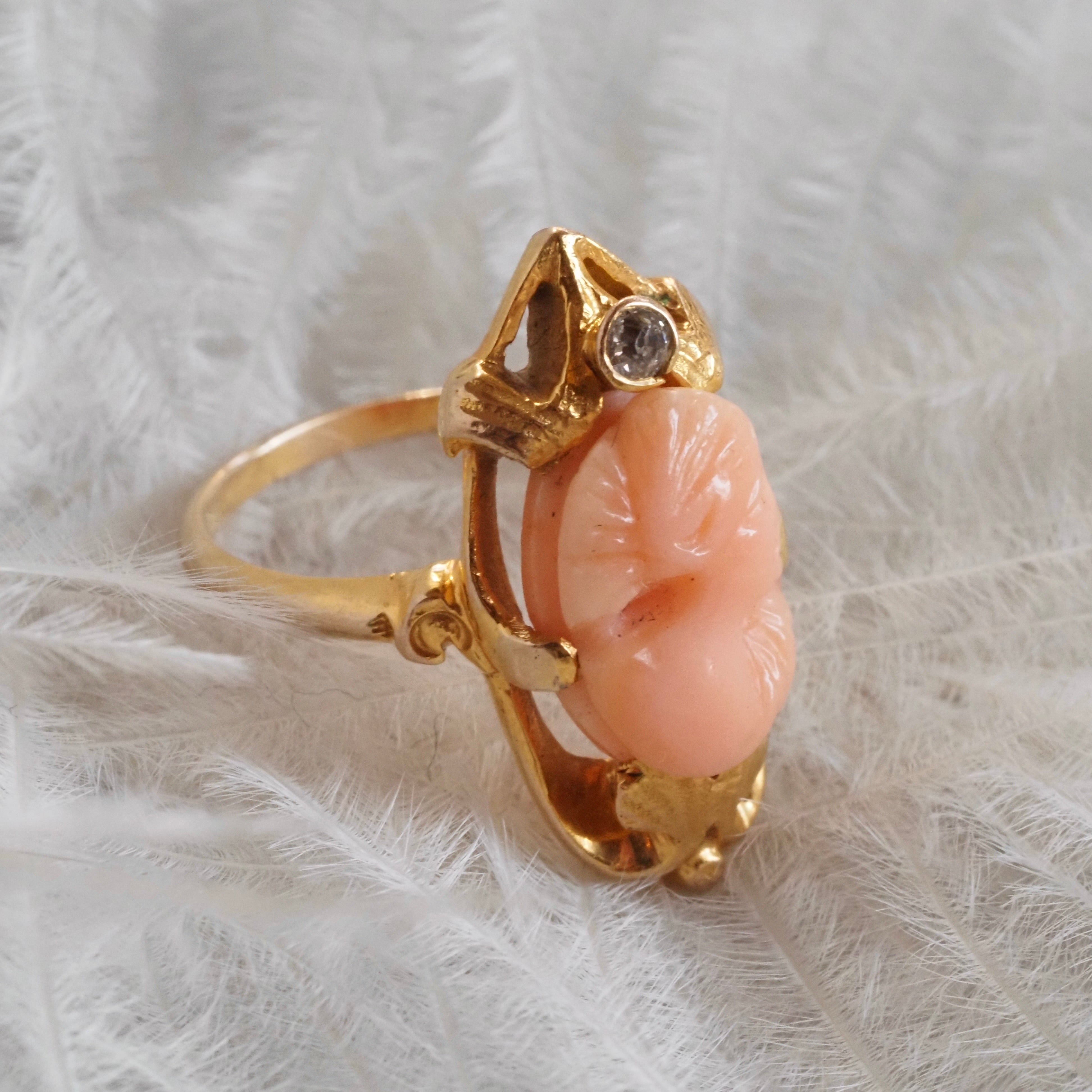 Antique Art Nouveau Bloomed 14k Gold Coral Cameo and Diamond Ring