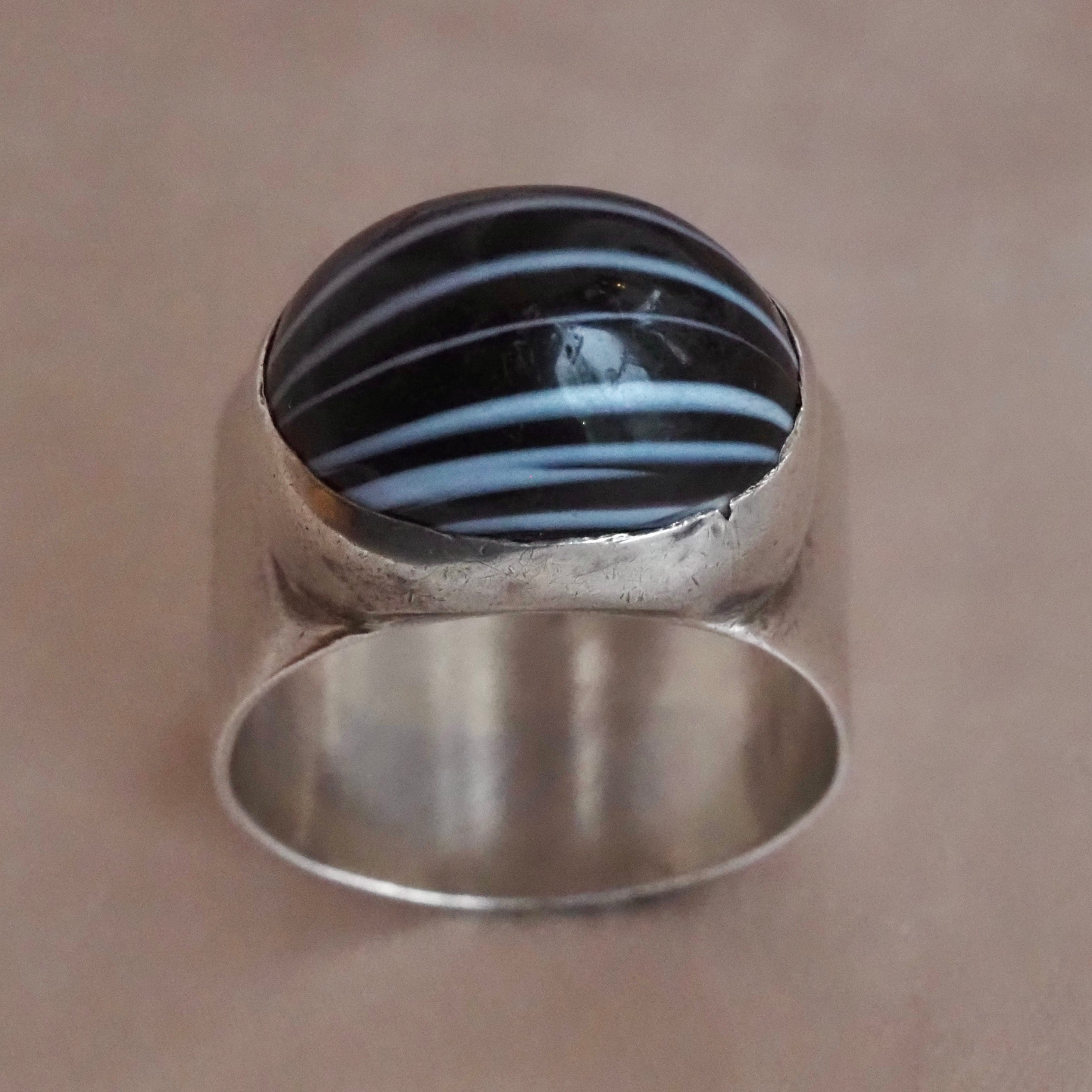 Vintage Sterling Silver Banded Agate Wide Band