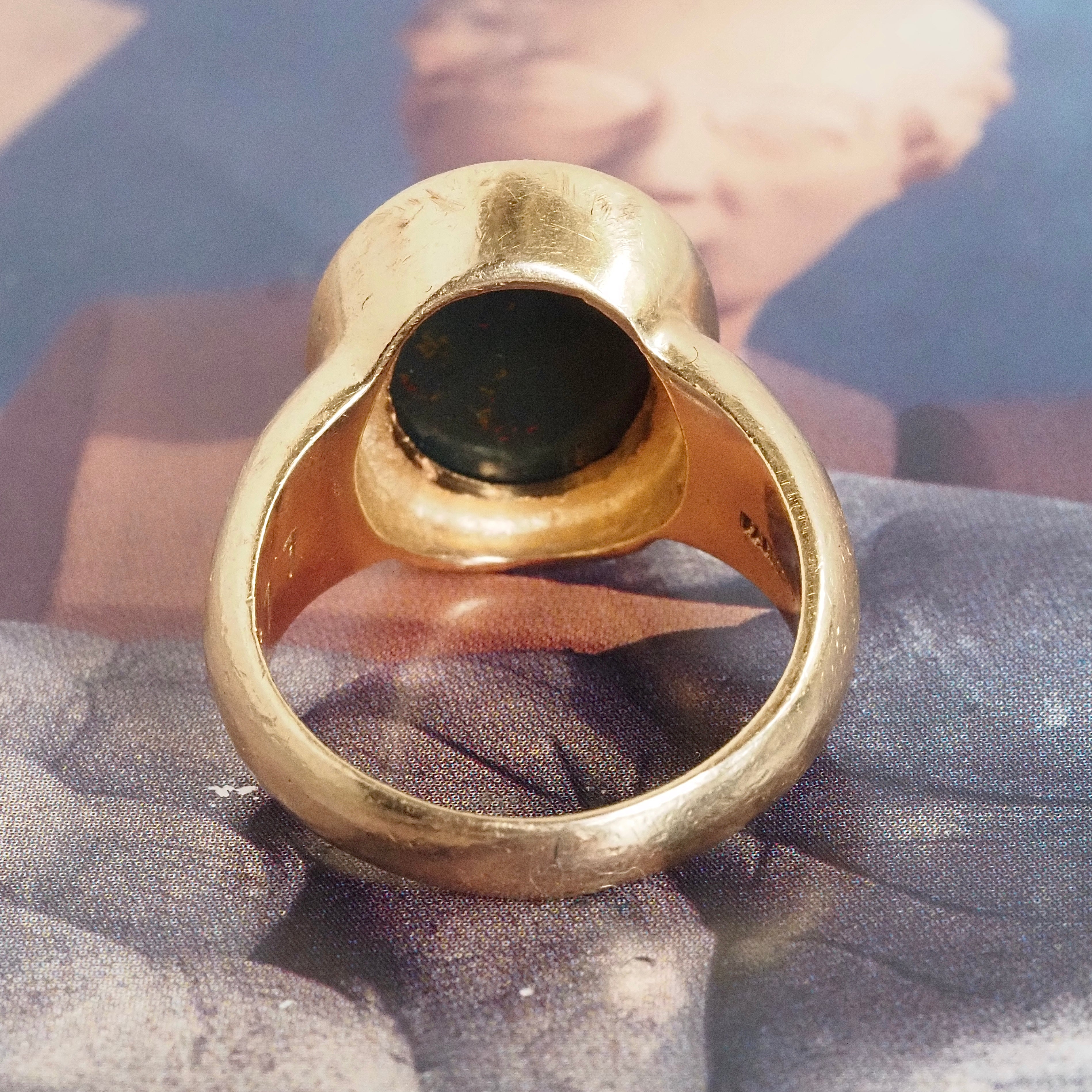 Antique Bloodstone Lion "Verus Fidelis" Intaglio 14k Gold Signet Ring