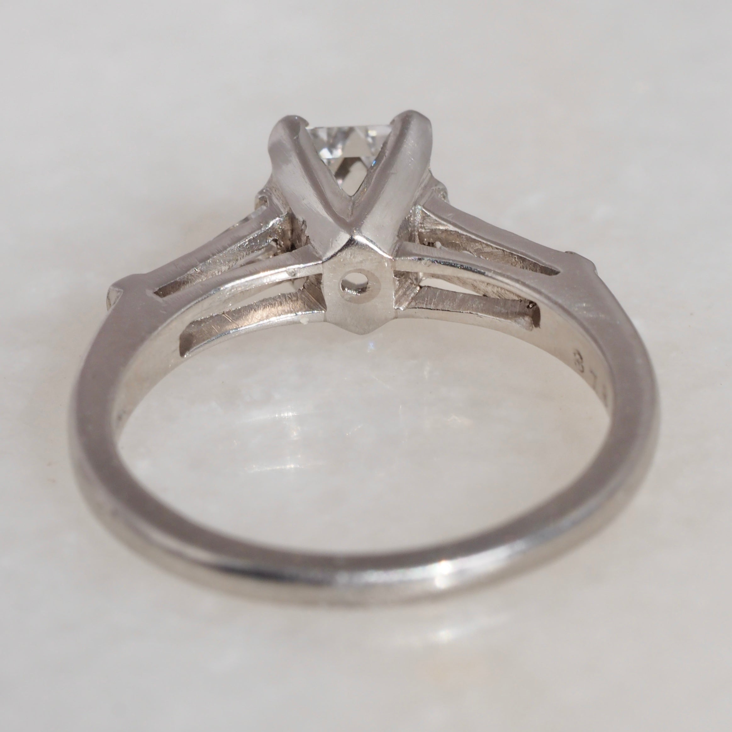 Vintage Platinum Emerald Cut & Tapered Baguette Diamond Engagement Ring