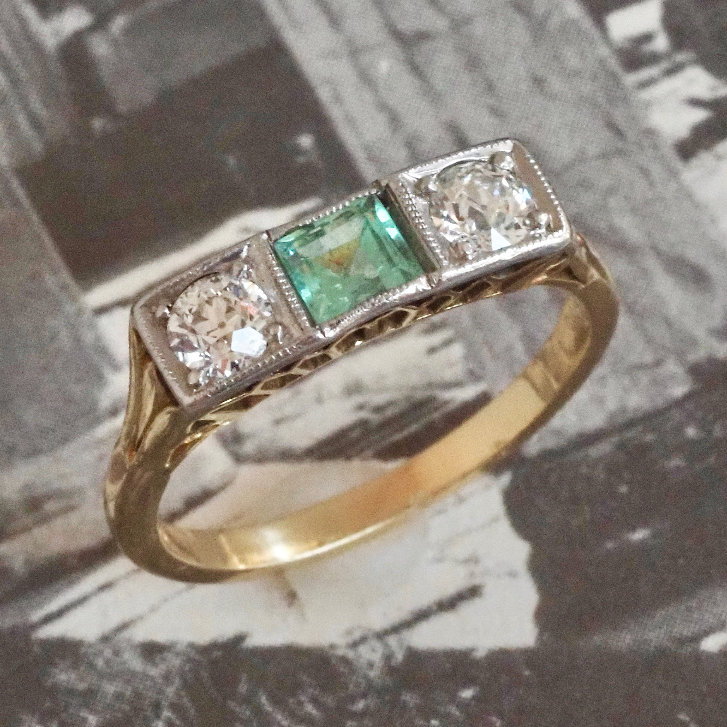Antique Art Deco Trilogy Emerald and Old European Cut Diamond 14k Gold Ring