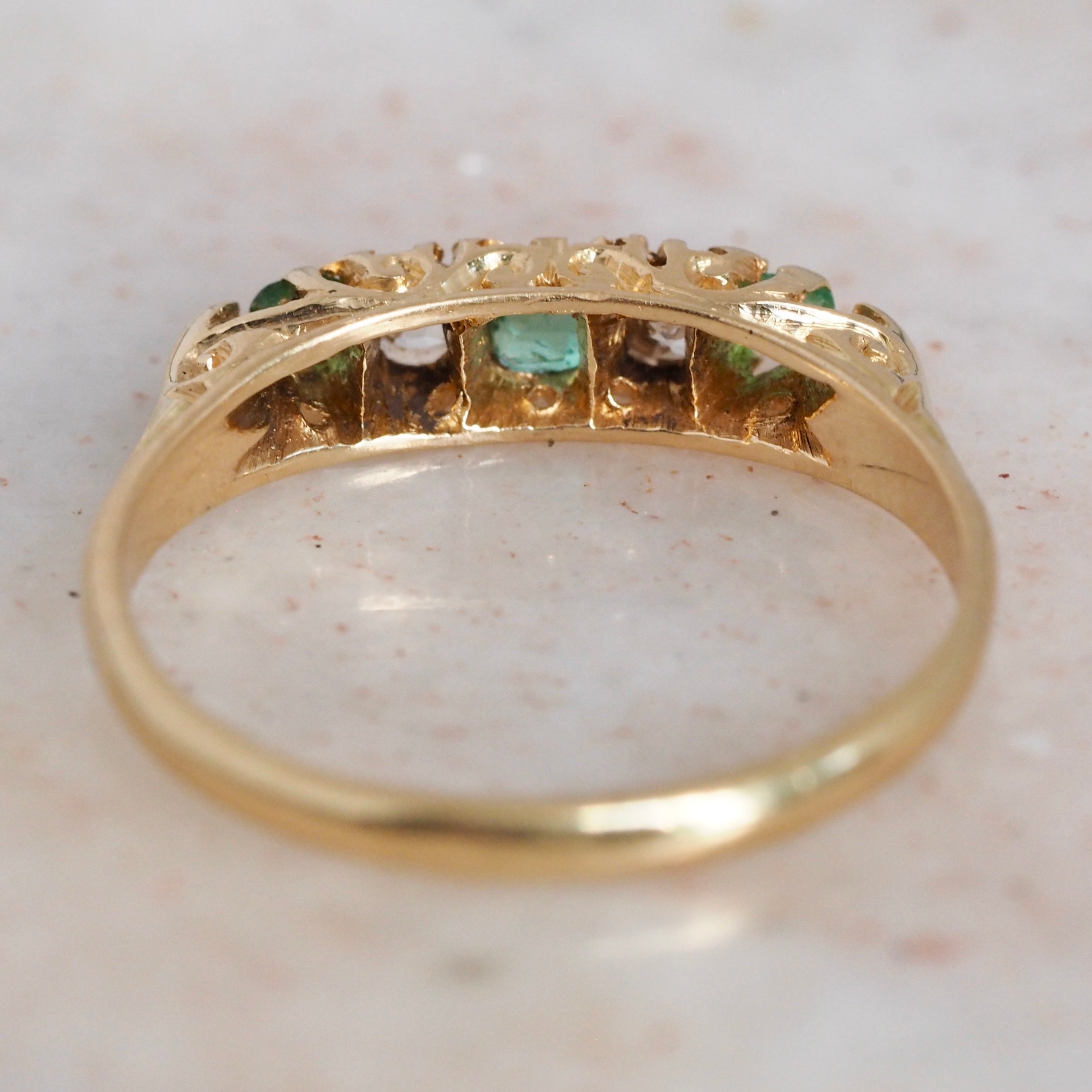 Antique English Art Nouveau 18k Gold Five Stone Emerald and Diamond Ring