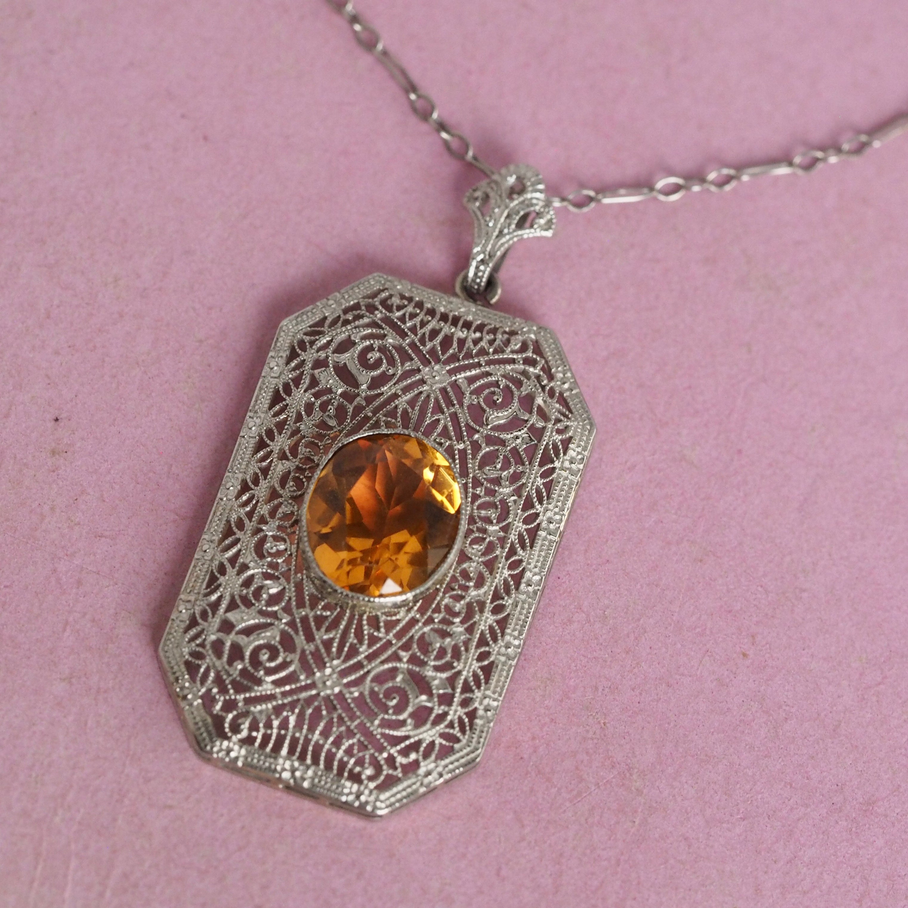Antique Art Deco White Gold Filigree Citrine Pendant